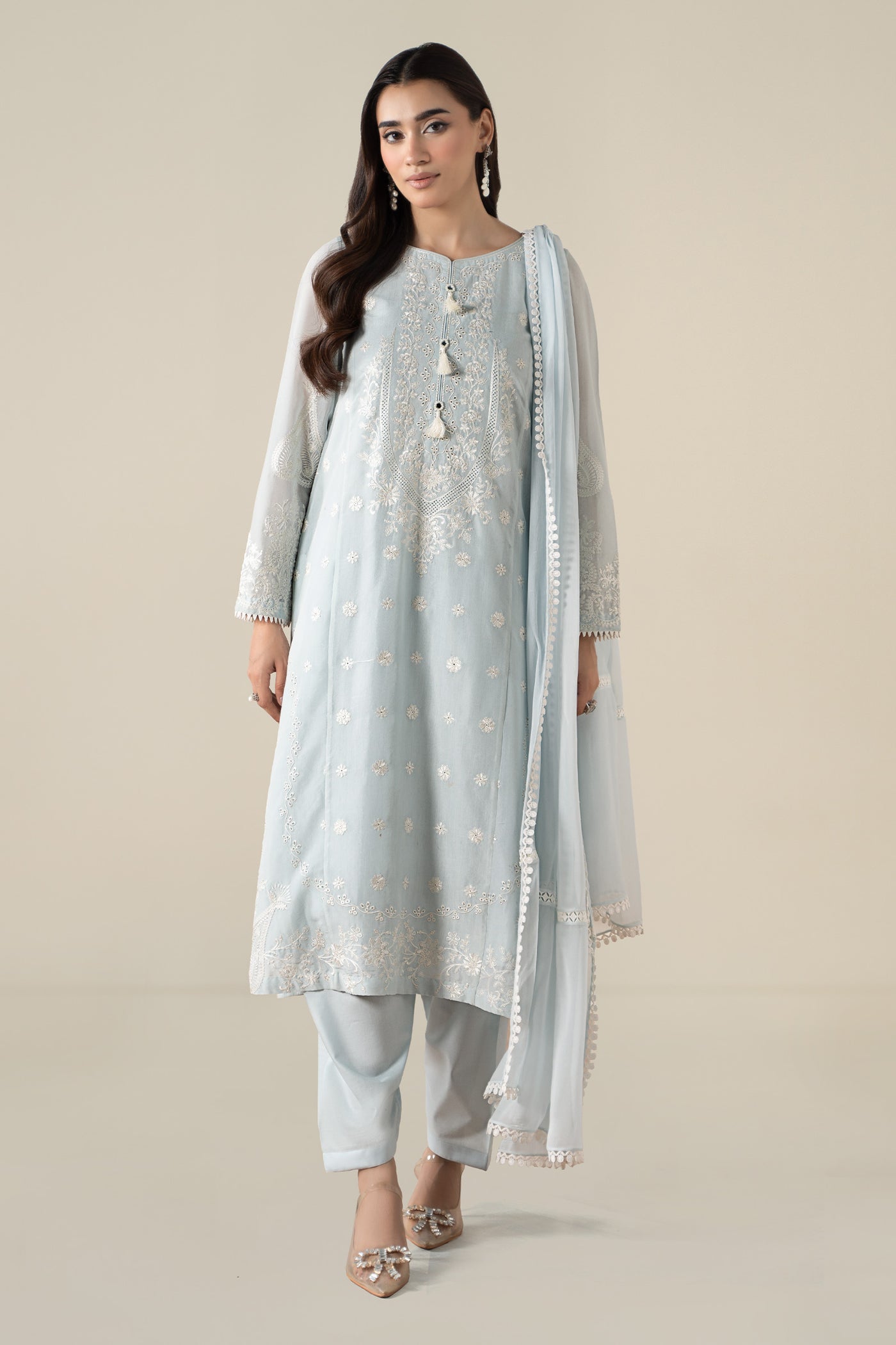 3 Piece Embroidered Paper Cotton Suit