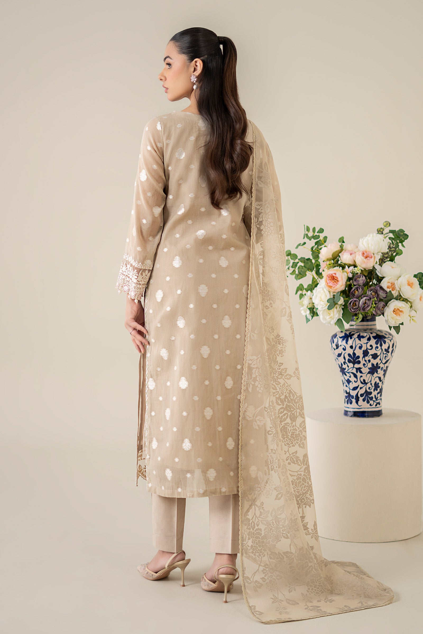 3 Piece Embroidered Paper Cotton Jacquard Suit