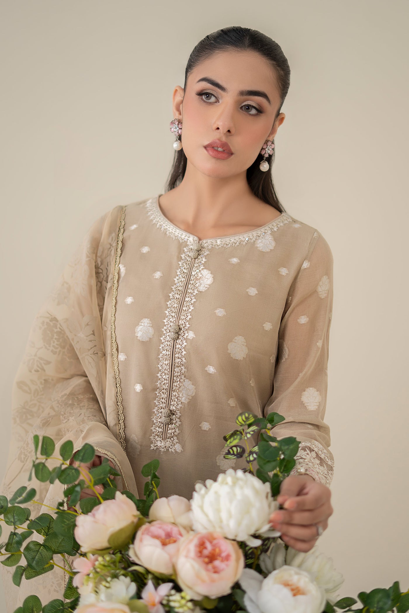 3 Piece Embroidered Paper Cotton Jacquard Suit