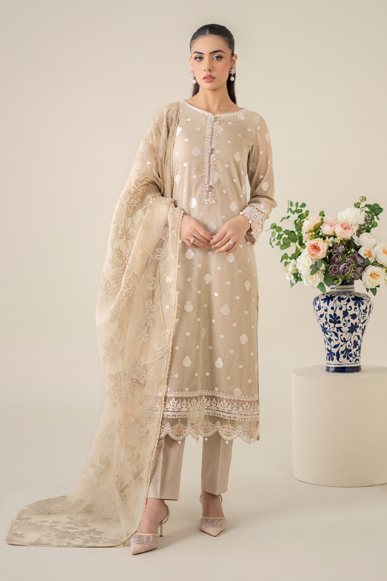 3 Piece Embroidered Paper Cotton Jacquard Suit