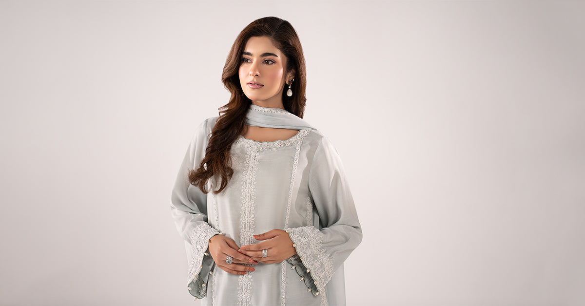 3 Piece Embroidered Raw Silk Suit
