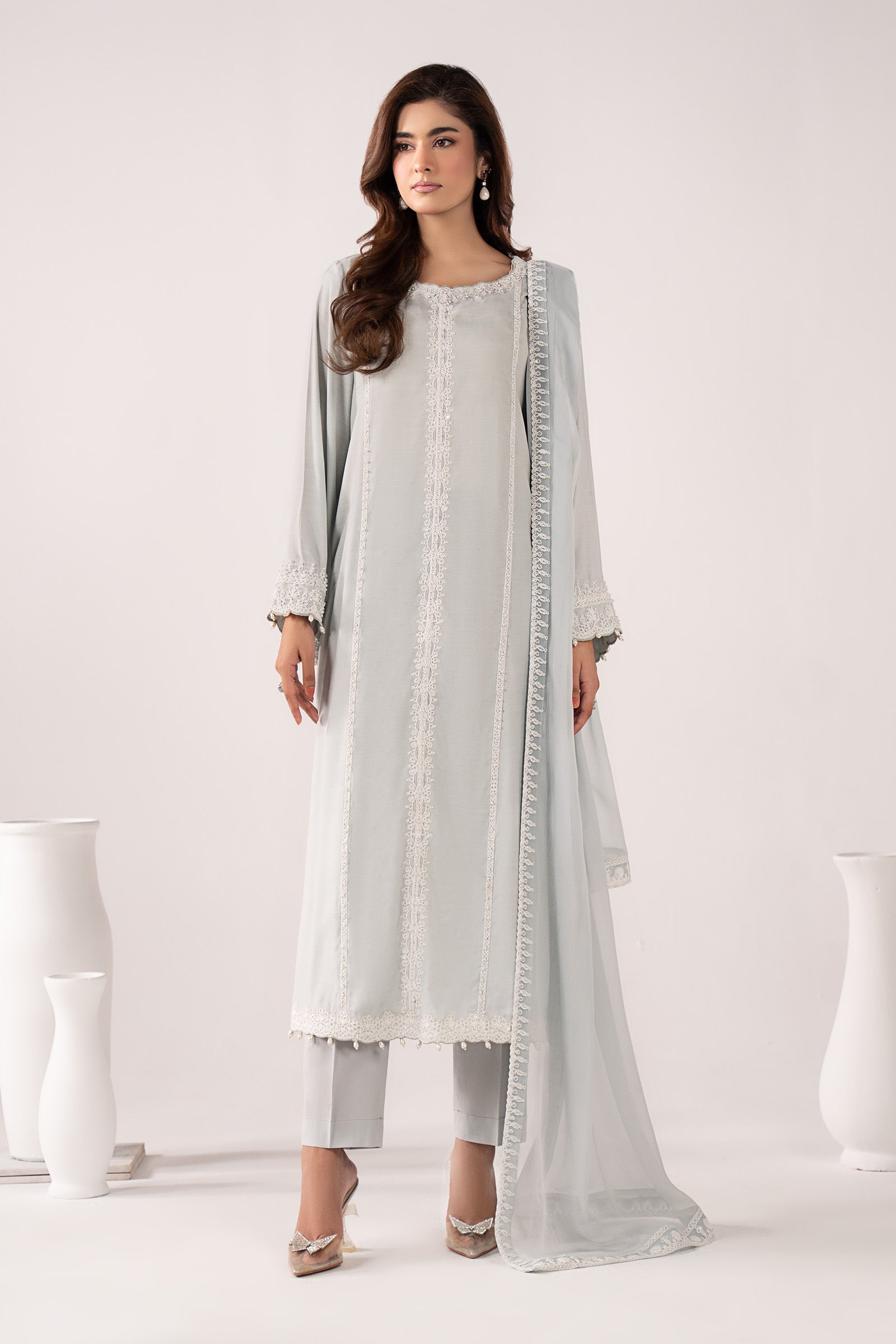 3 Piece Embroidered Raw Silk Suit