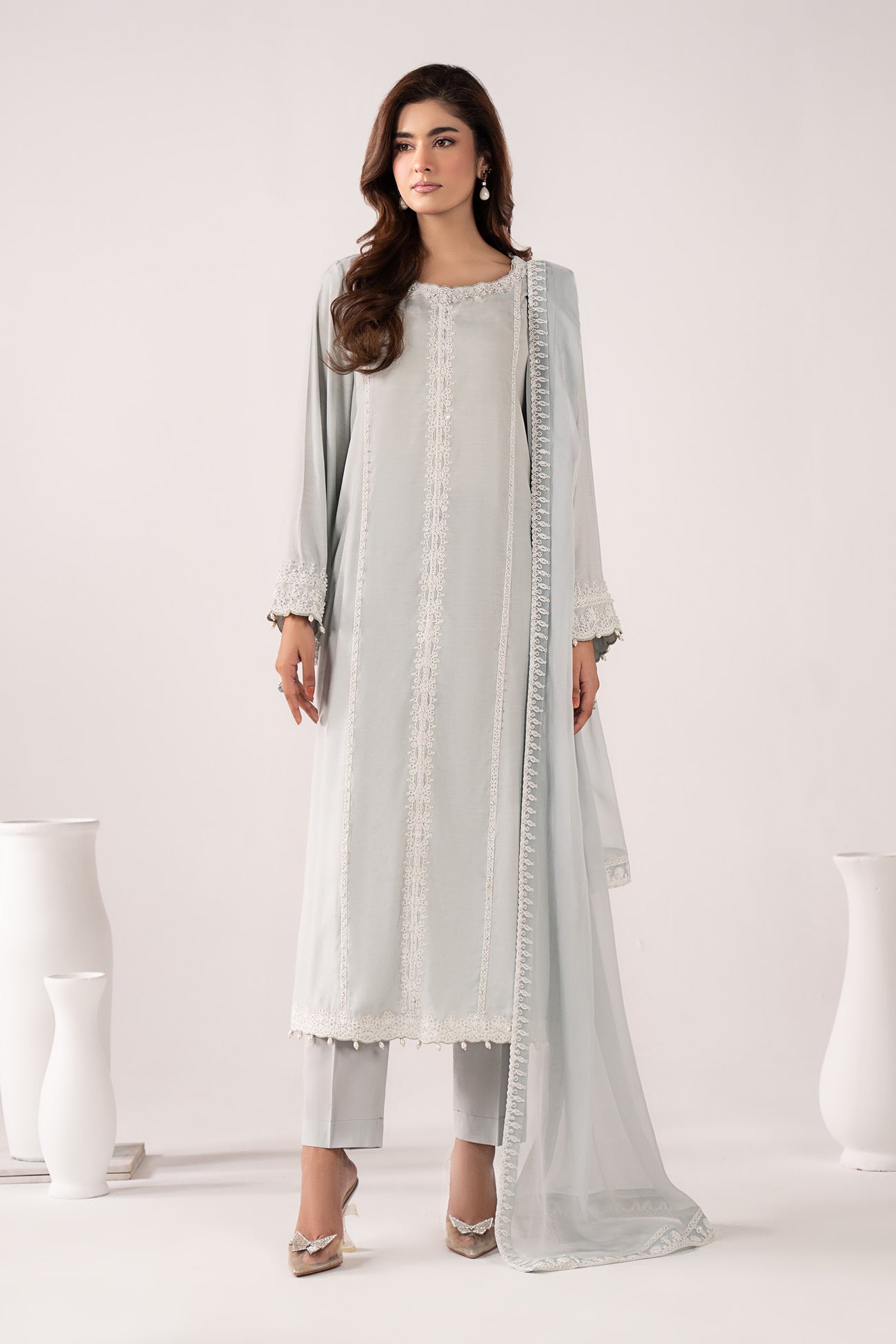 3 Piece Embroidered Raw Silk Suit