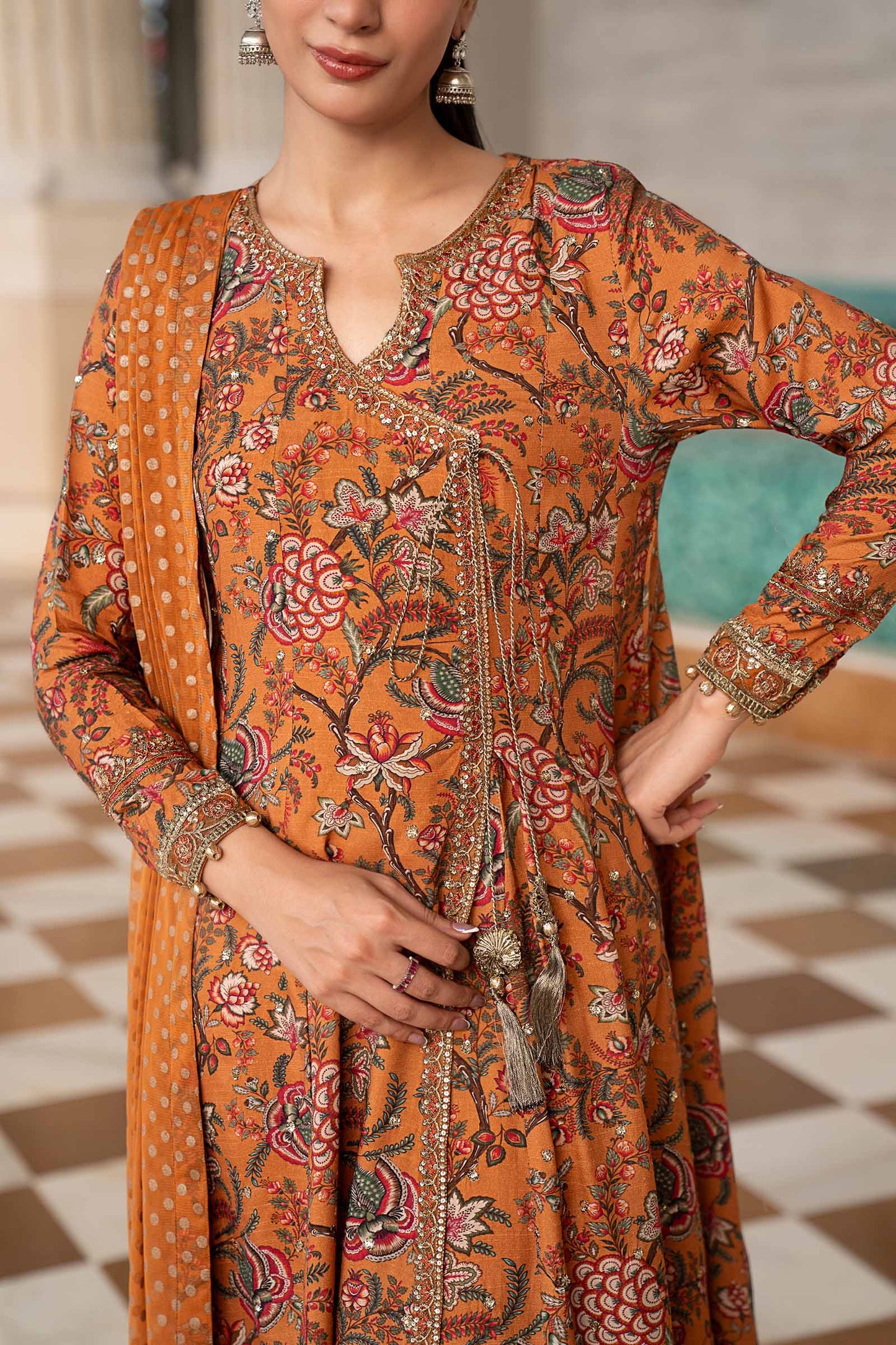 3 Piece Embroidered Raw Silk Suit