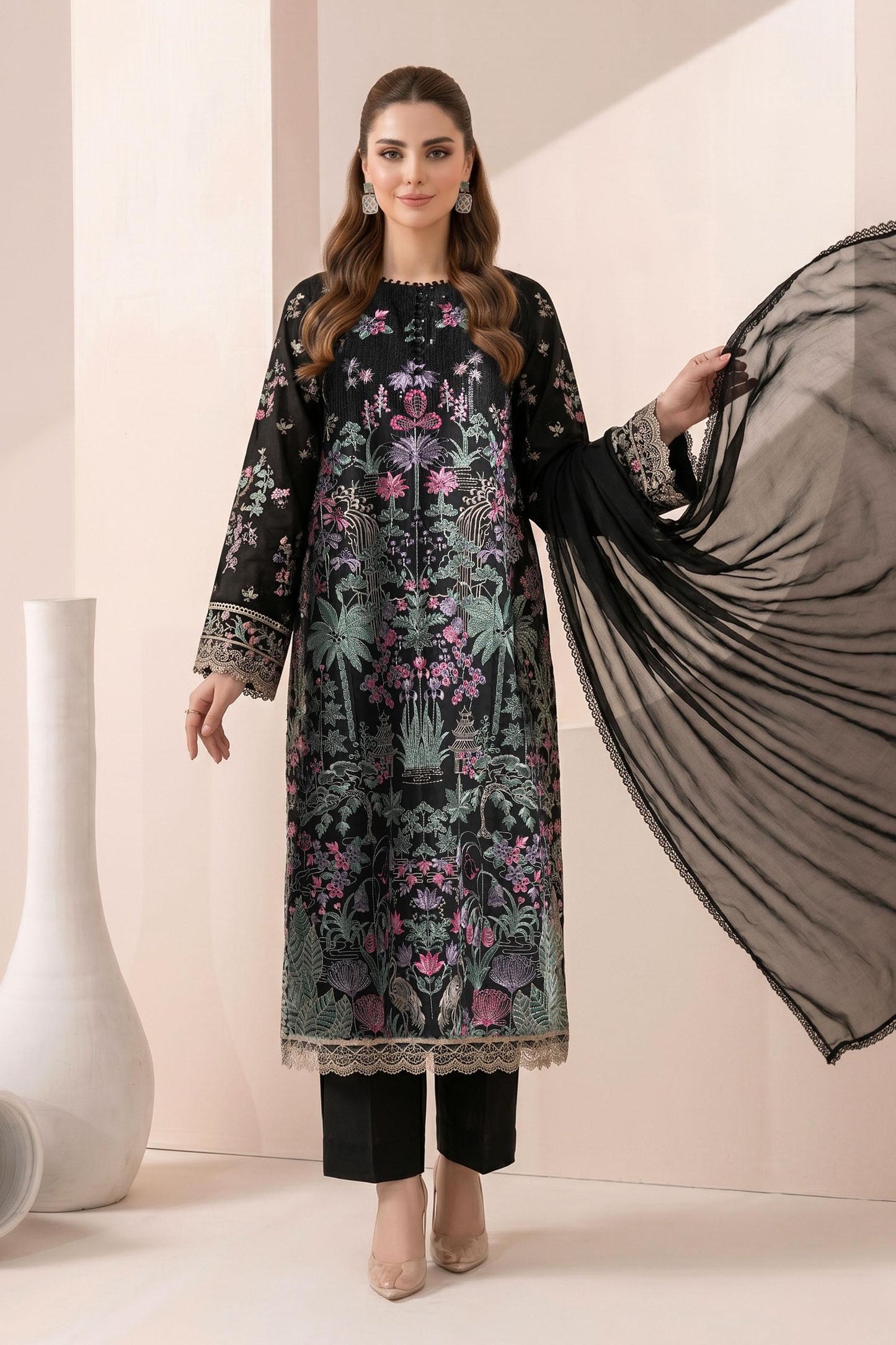 3 Piece Embroidered Dobby Jacquard Suit