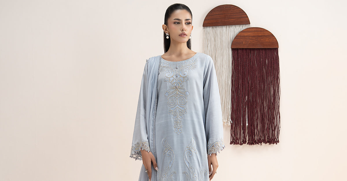 3 Piece Embroidered Raw Silk Suit