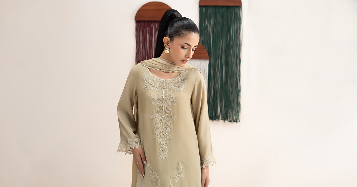 3 Piece Embroidered Raw Silk Suit