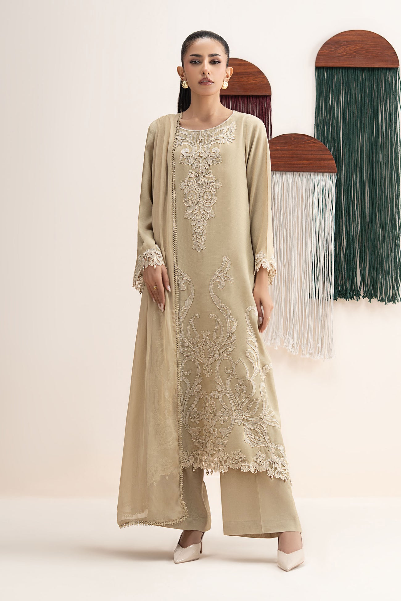 3 Piece Embroidered Raw Silk Suit