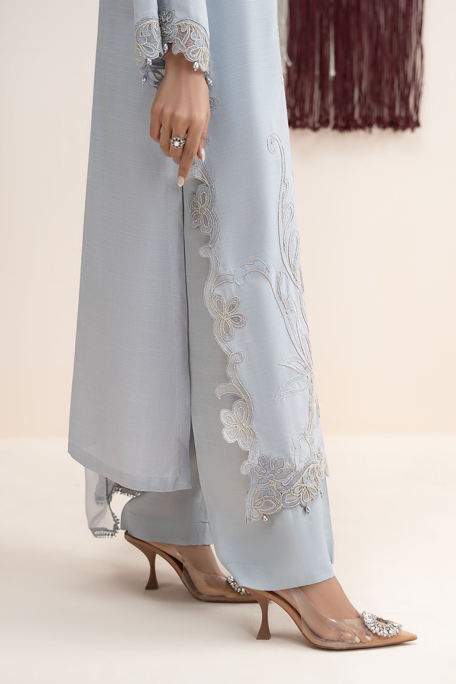 3 Piece Embroidered Raw Silk Suit
