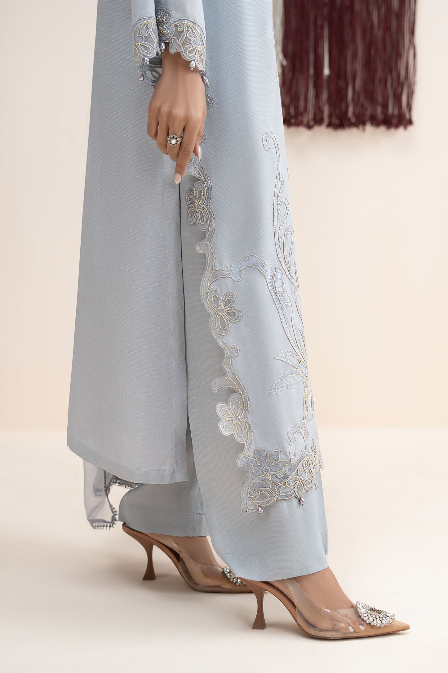 3 Piece Embroidered Raw Silk Suit