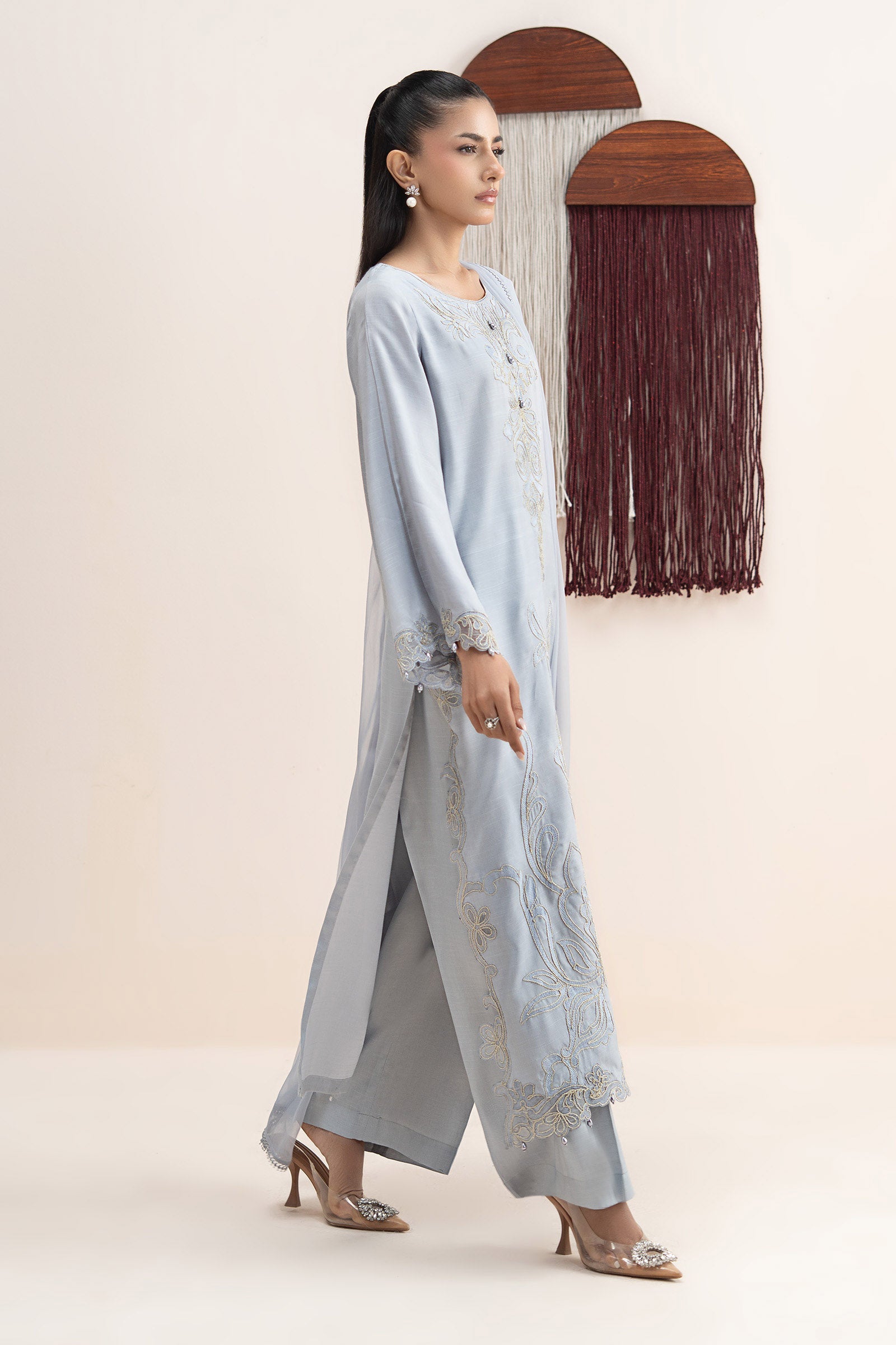 3 Piece Embroidered Raw Silk Suit