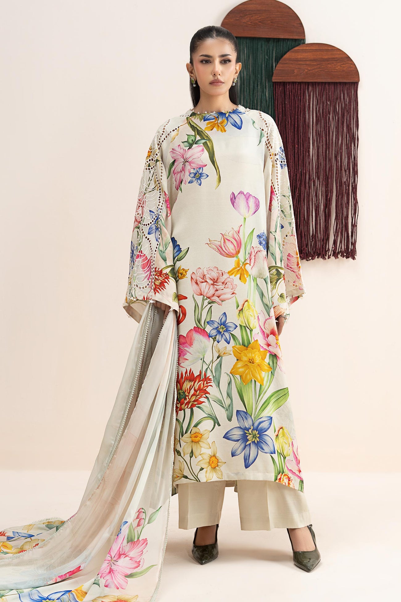 3 Piece Embroidered Raw Silk Suit