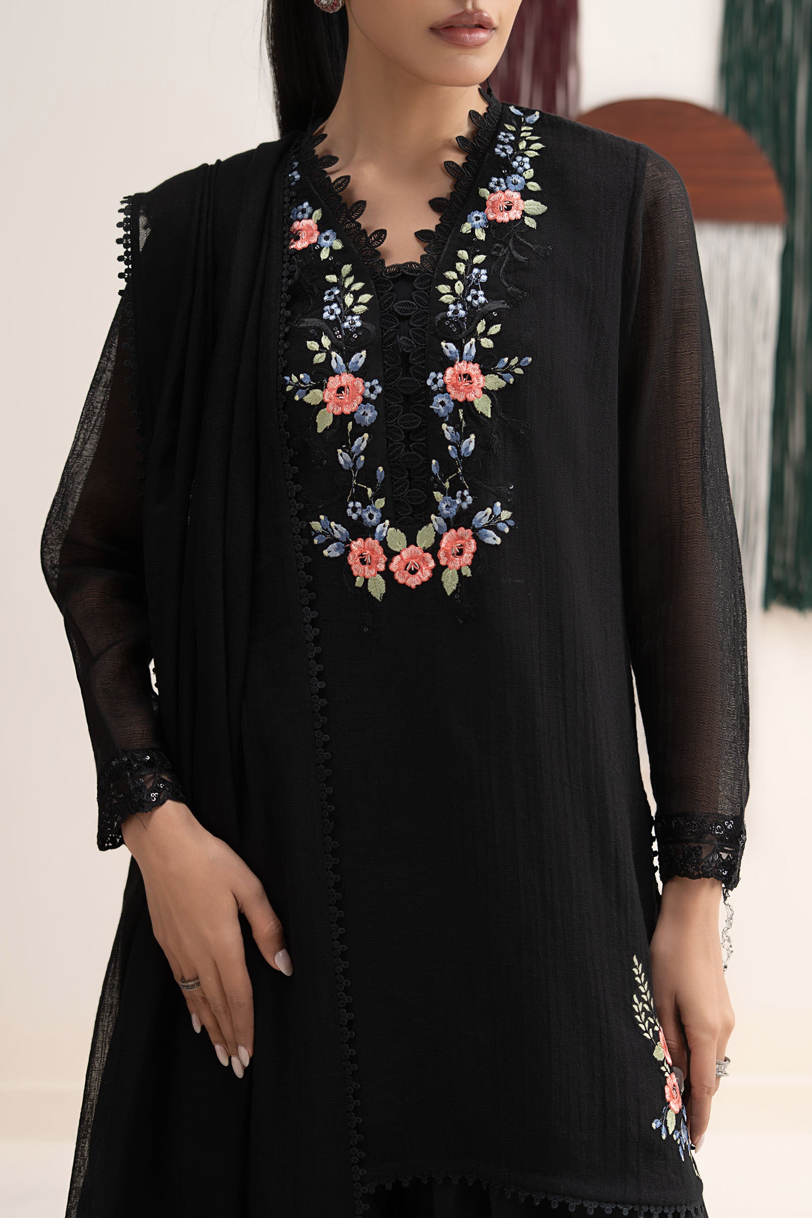 3 Piece Embroidered Cotton Net Suit