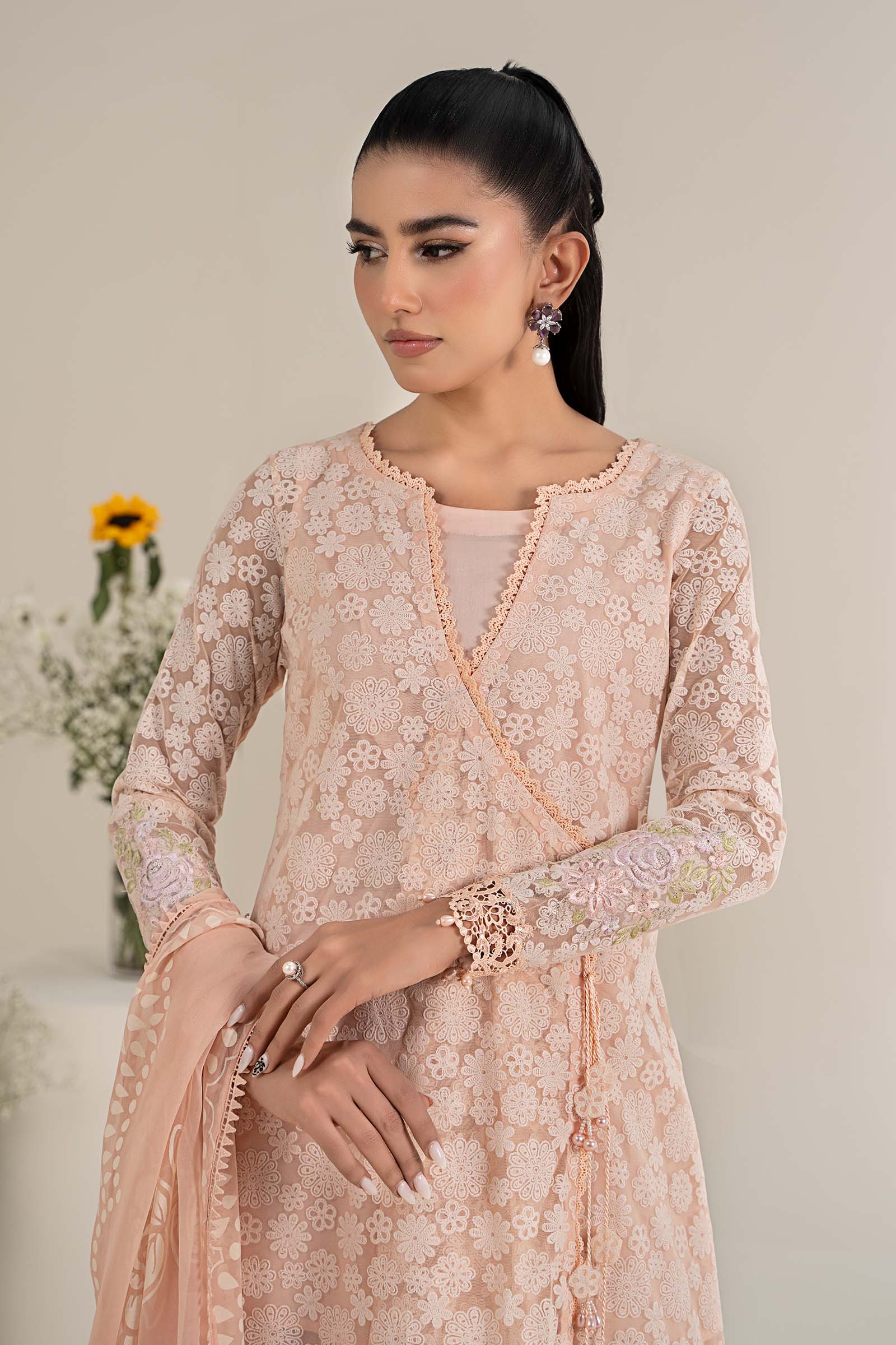 3 Piece Embroidered Polyester Net Suit