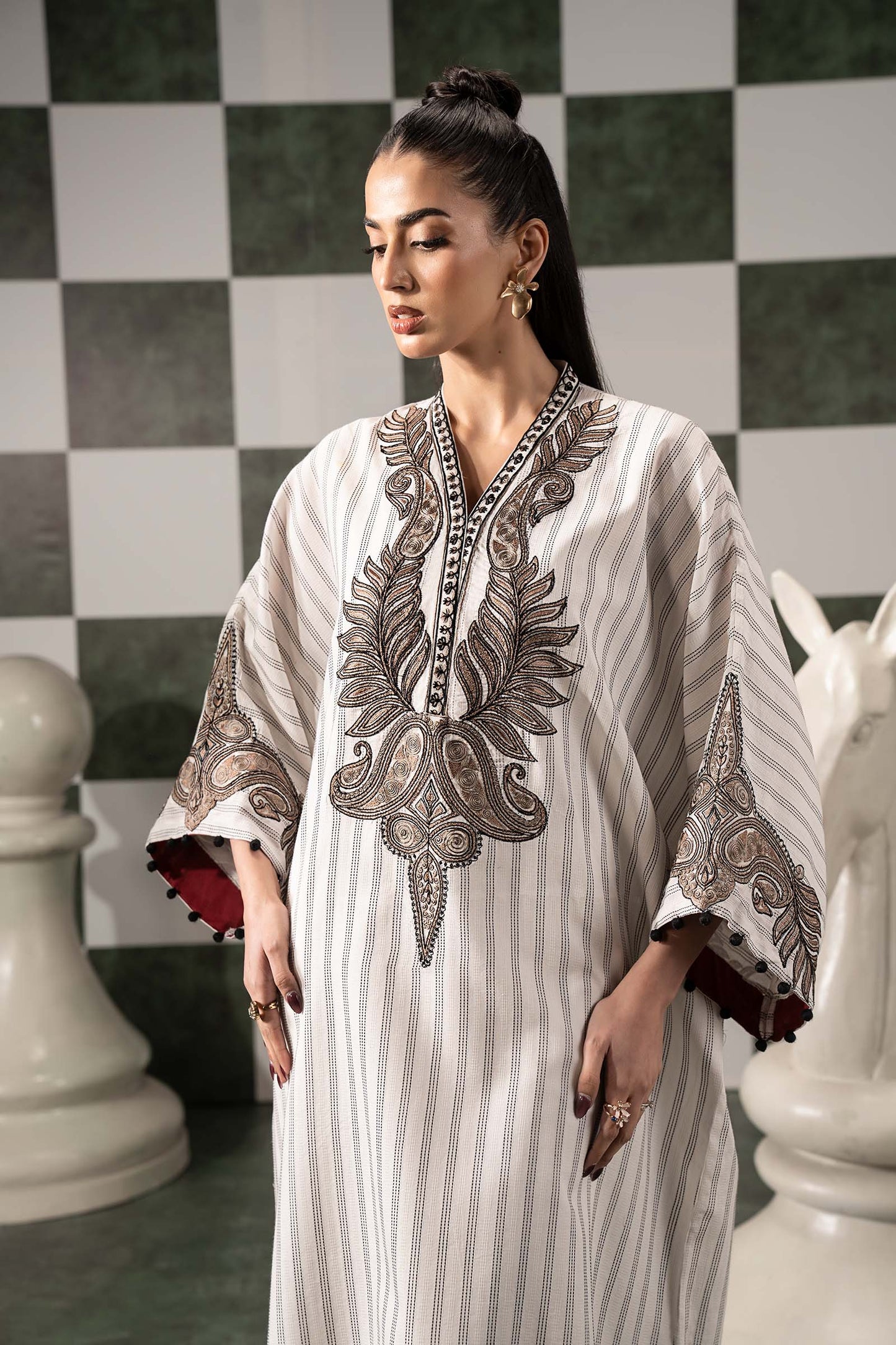 2 Piece Embroidered Striped Cotton Suit