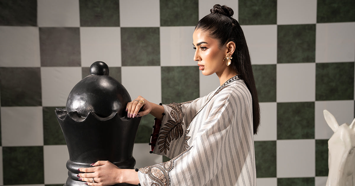 2 Piece Embroidered Striped Cotton Suit