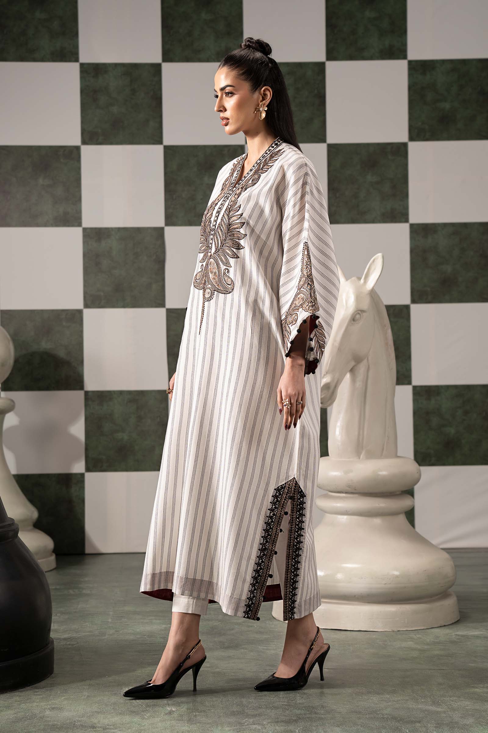 2 Piece Embroidered Striped Cotton Suit
