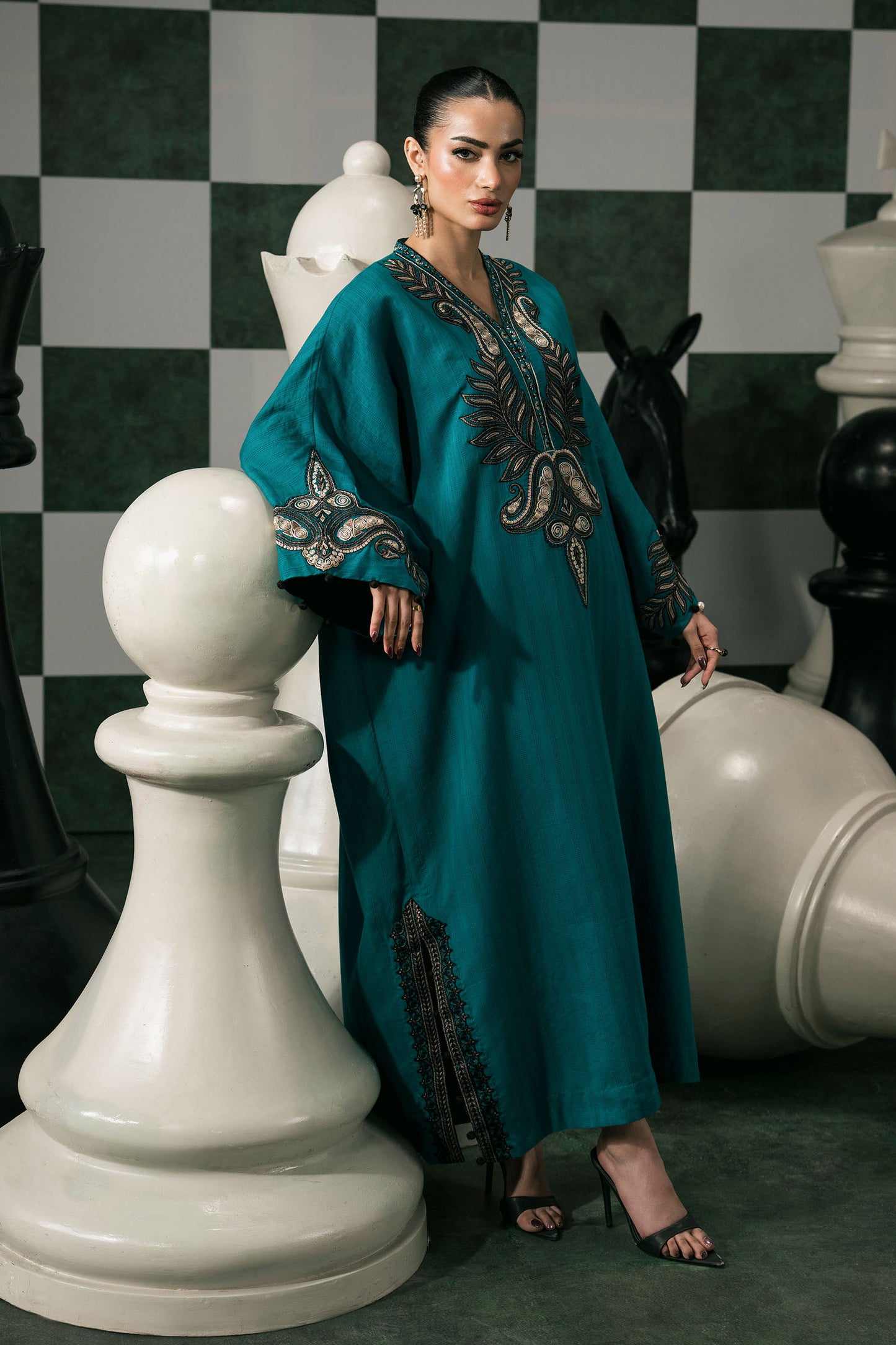 2 Piece Embroidered Striped Cotton Suit