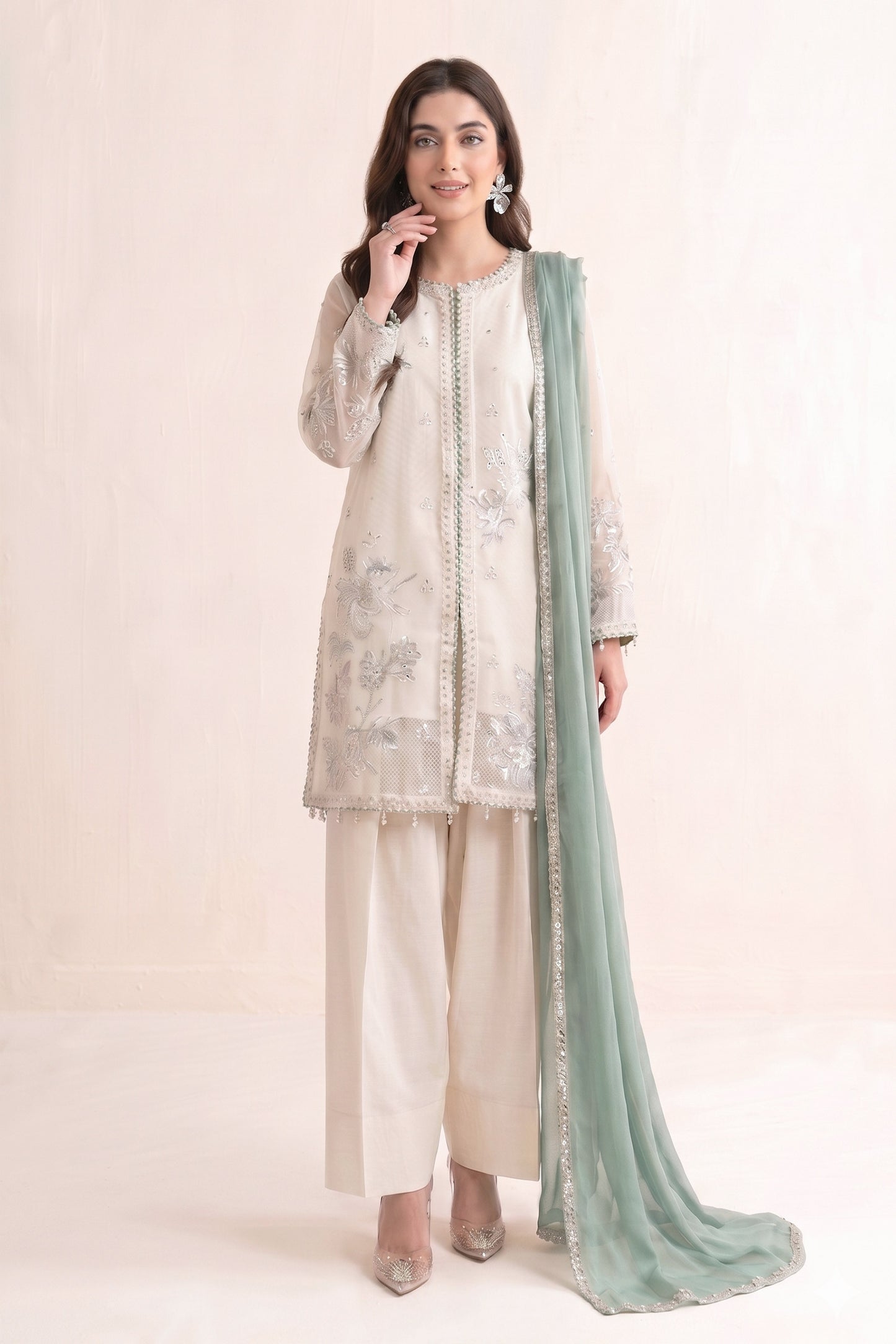 3 Piece Embroidered Cotton Net Suit