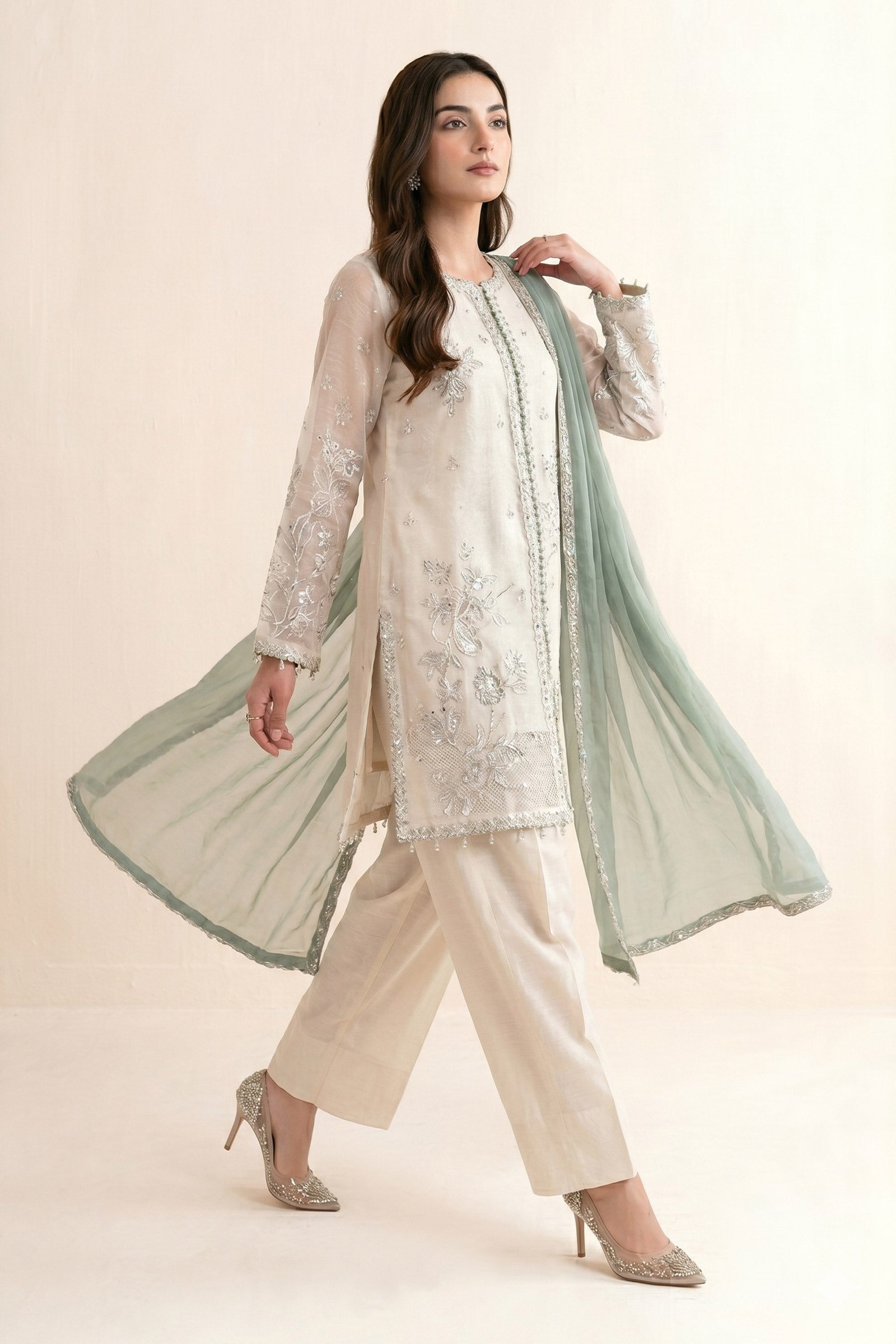 3 Piece Embroidered Cotton Net Suit
