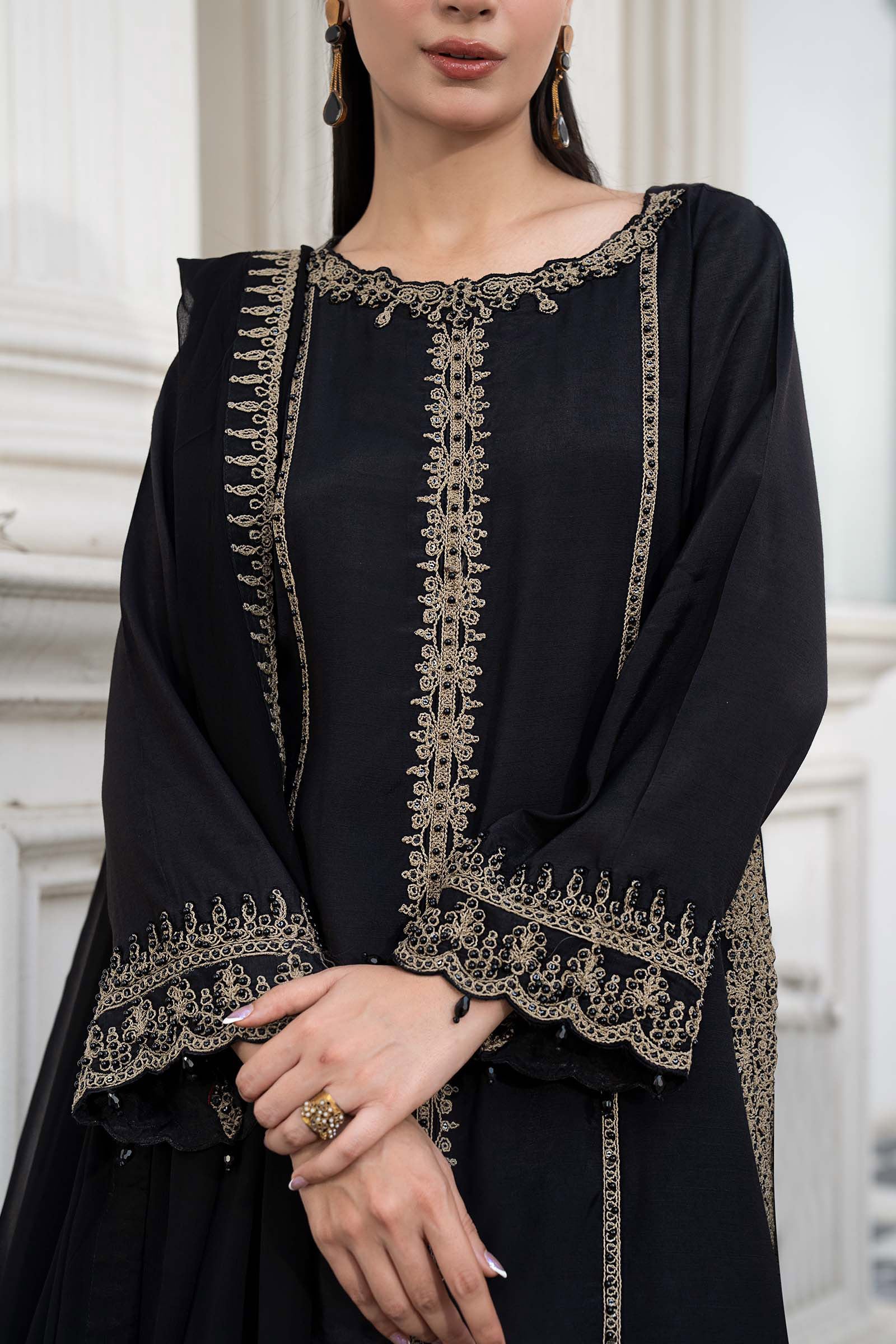 3 Piece Embroidered Raw Silk Suit