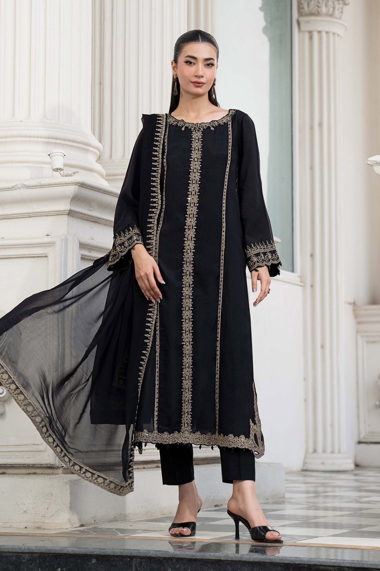3 Piece Embroidered Raw Silk Suit