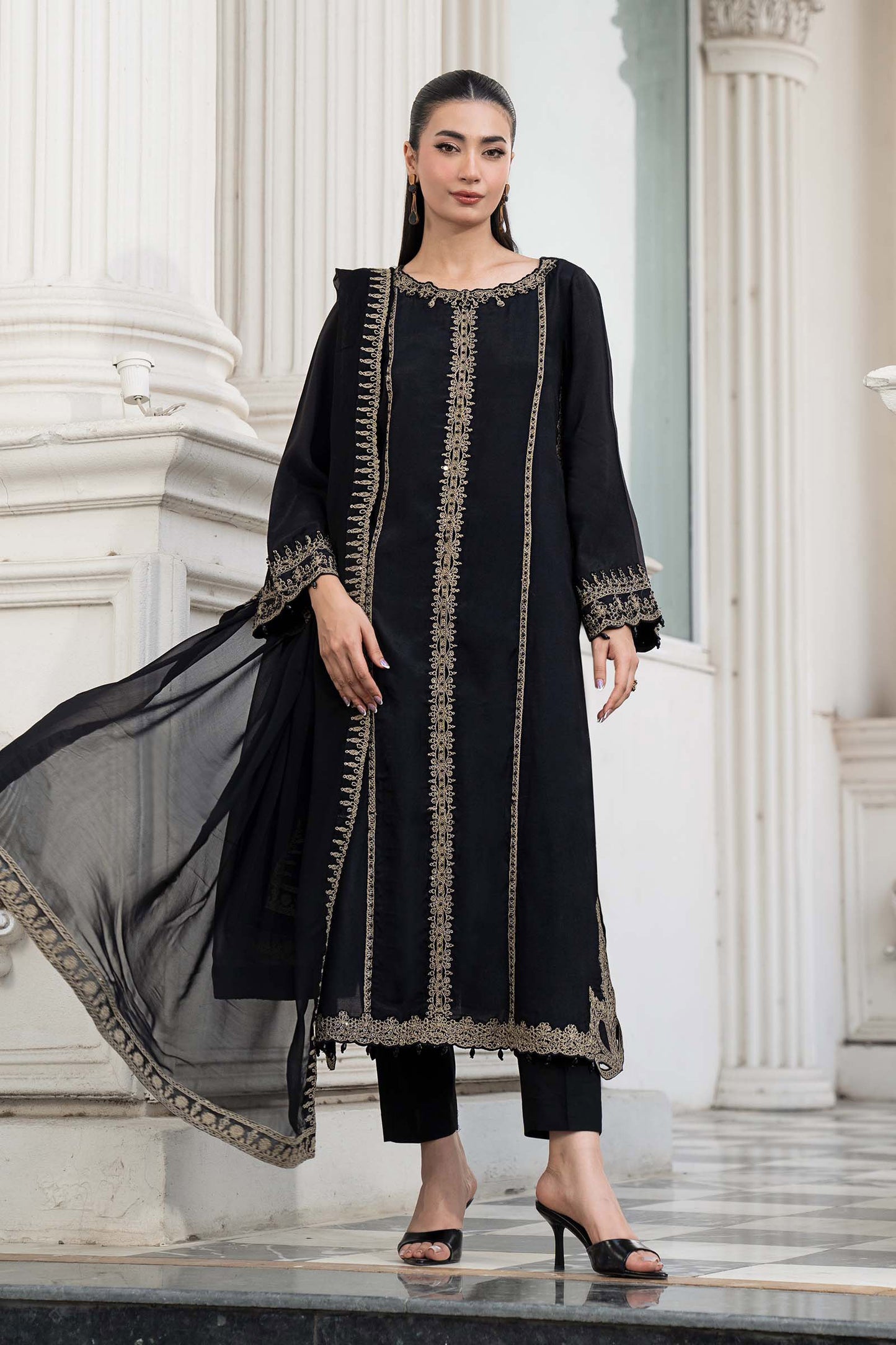 3 Piece Embroidered Raw Silk Suit
