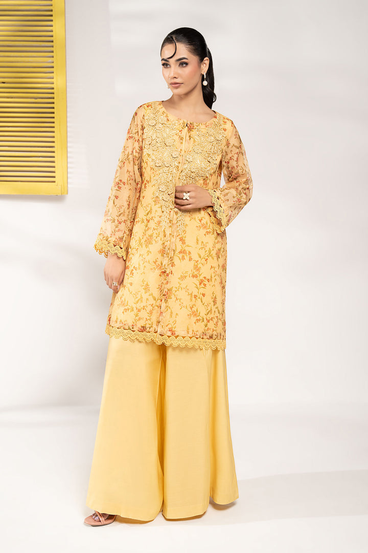 3 Piece Embroidered Cotton Net Suit All Products DWE2616-ESM-YLW
