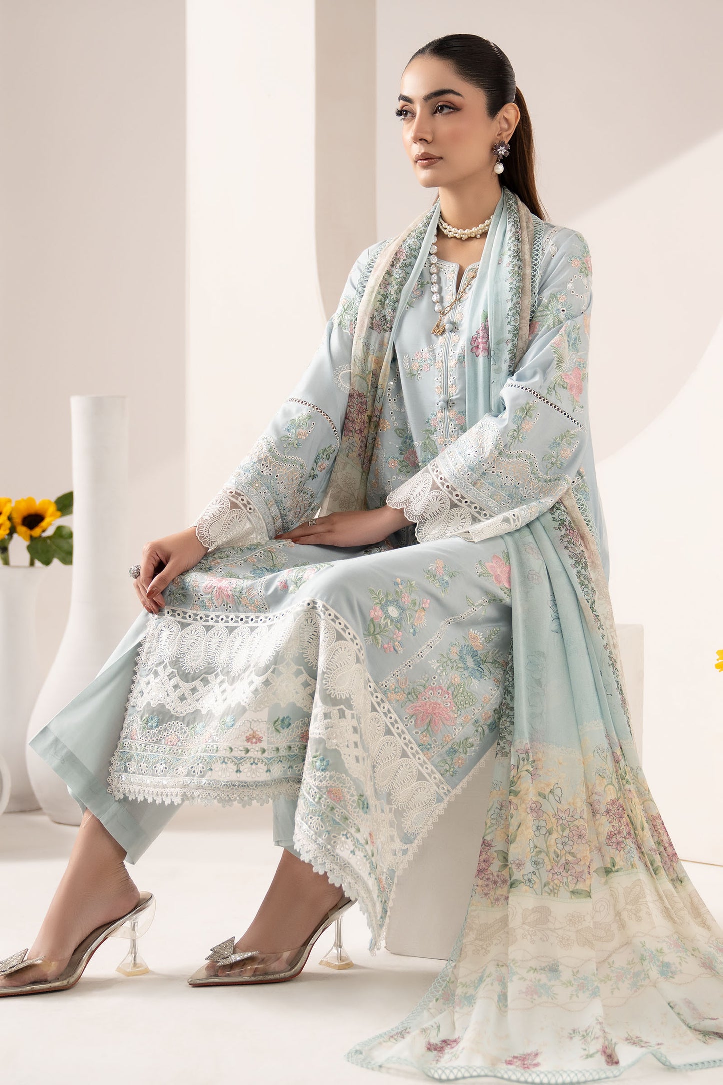 3 Piece Embroidered Paper Silk Suit