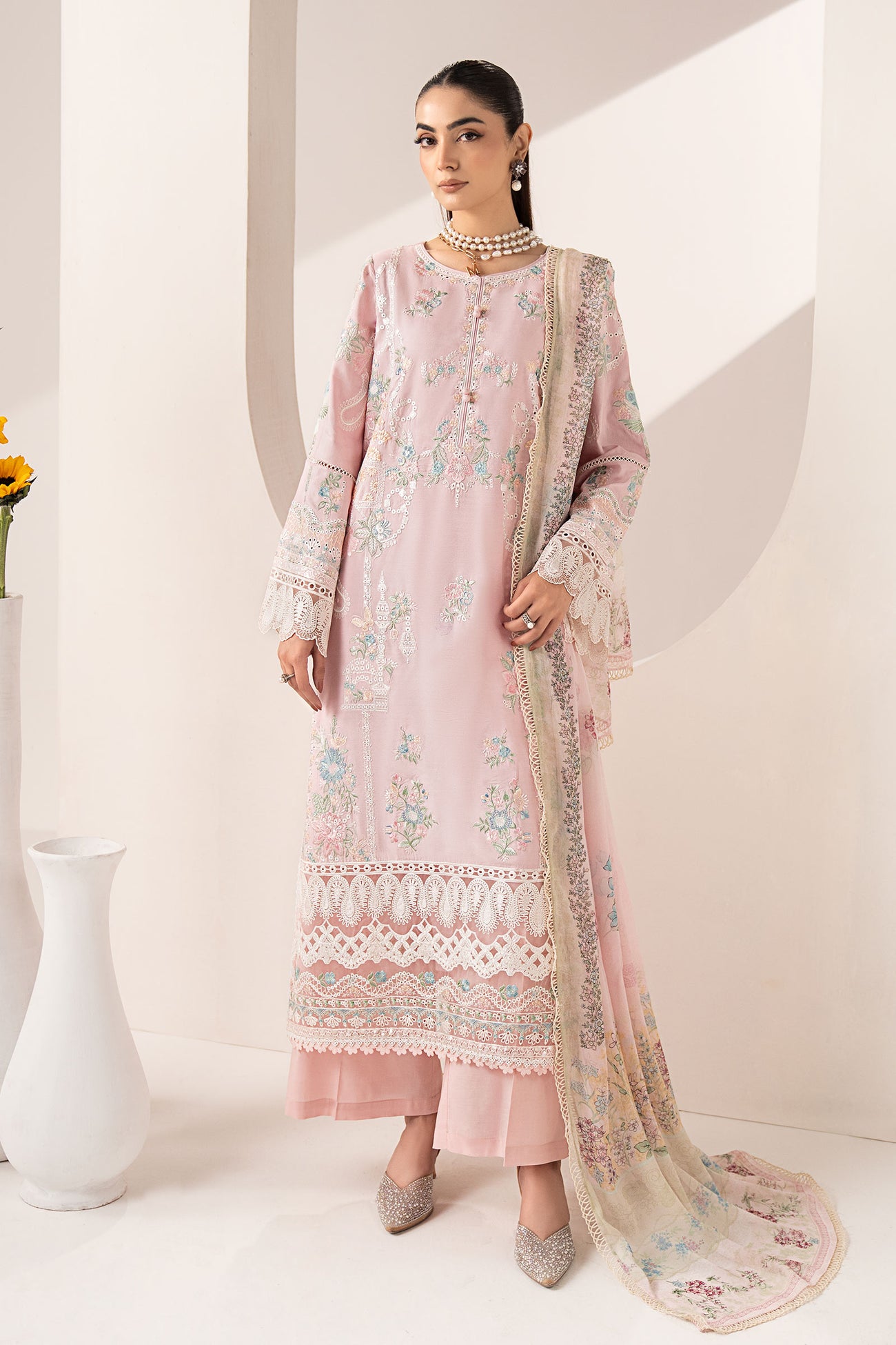 3 Piece Embroidered Paper Silk Suit