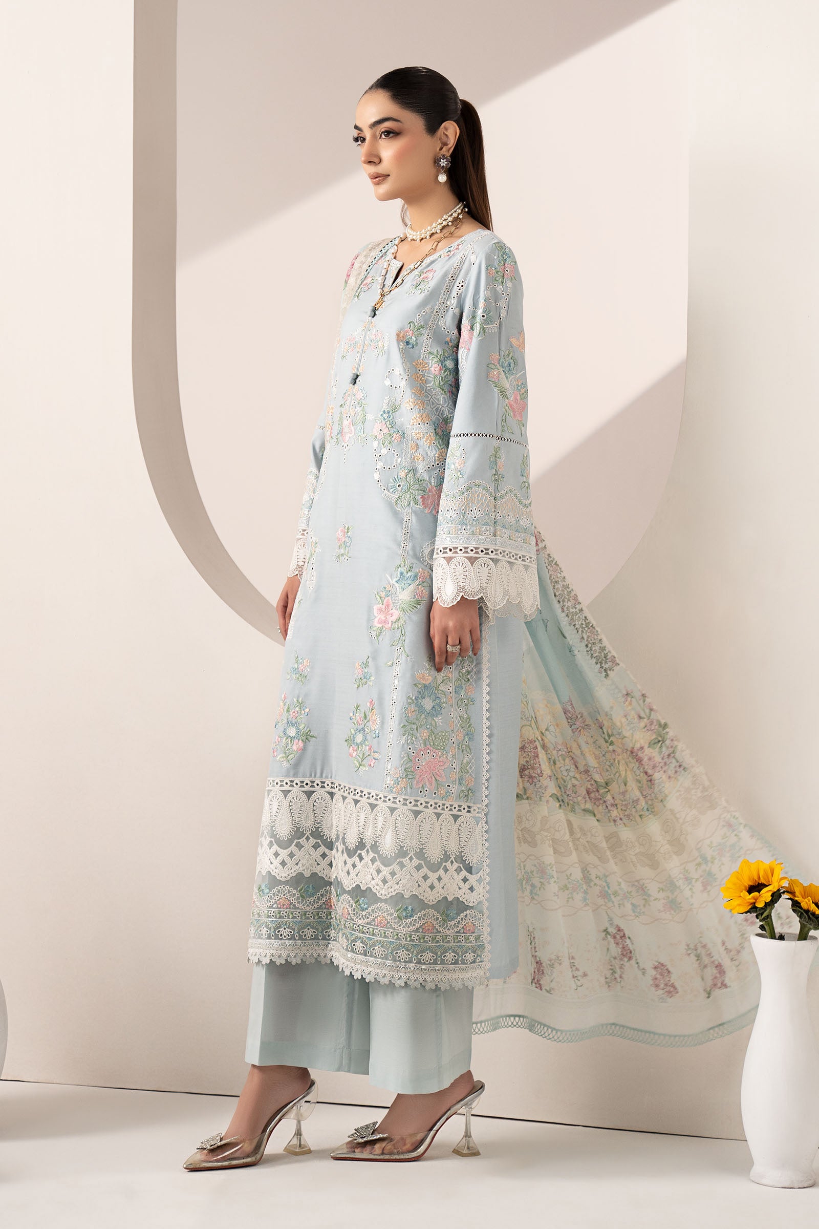 3 Piece Embroidered Paper Silk Suit
