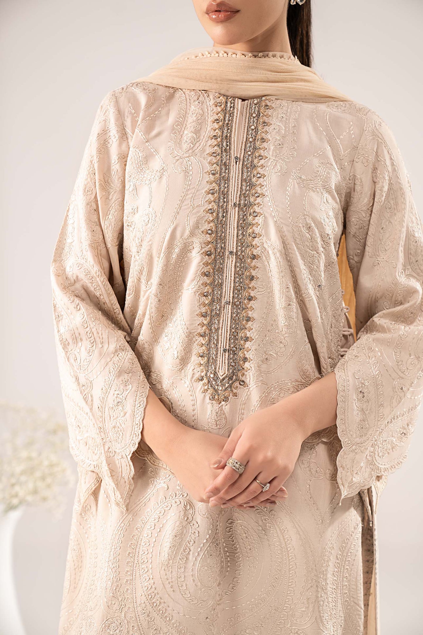 3 Piece Embroidered Raw Silk Suit