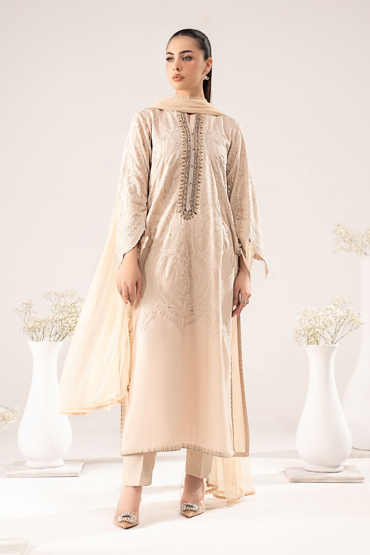 3 Piece Embroidered Raw Silk Suit
