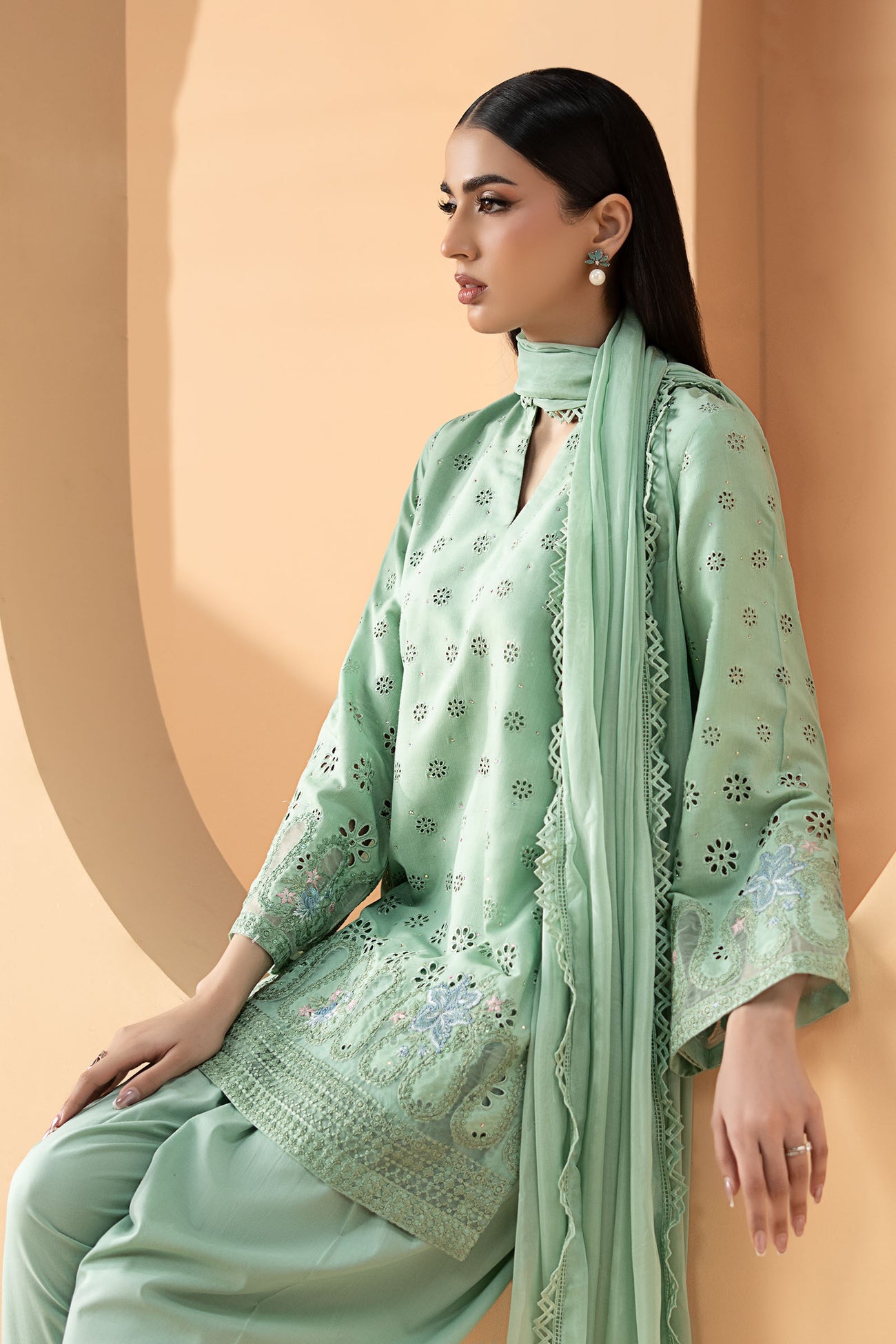 3 Piece Embroidered Pk Raw Silk Suit