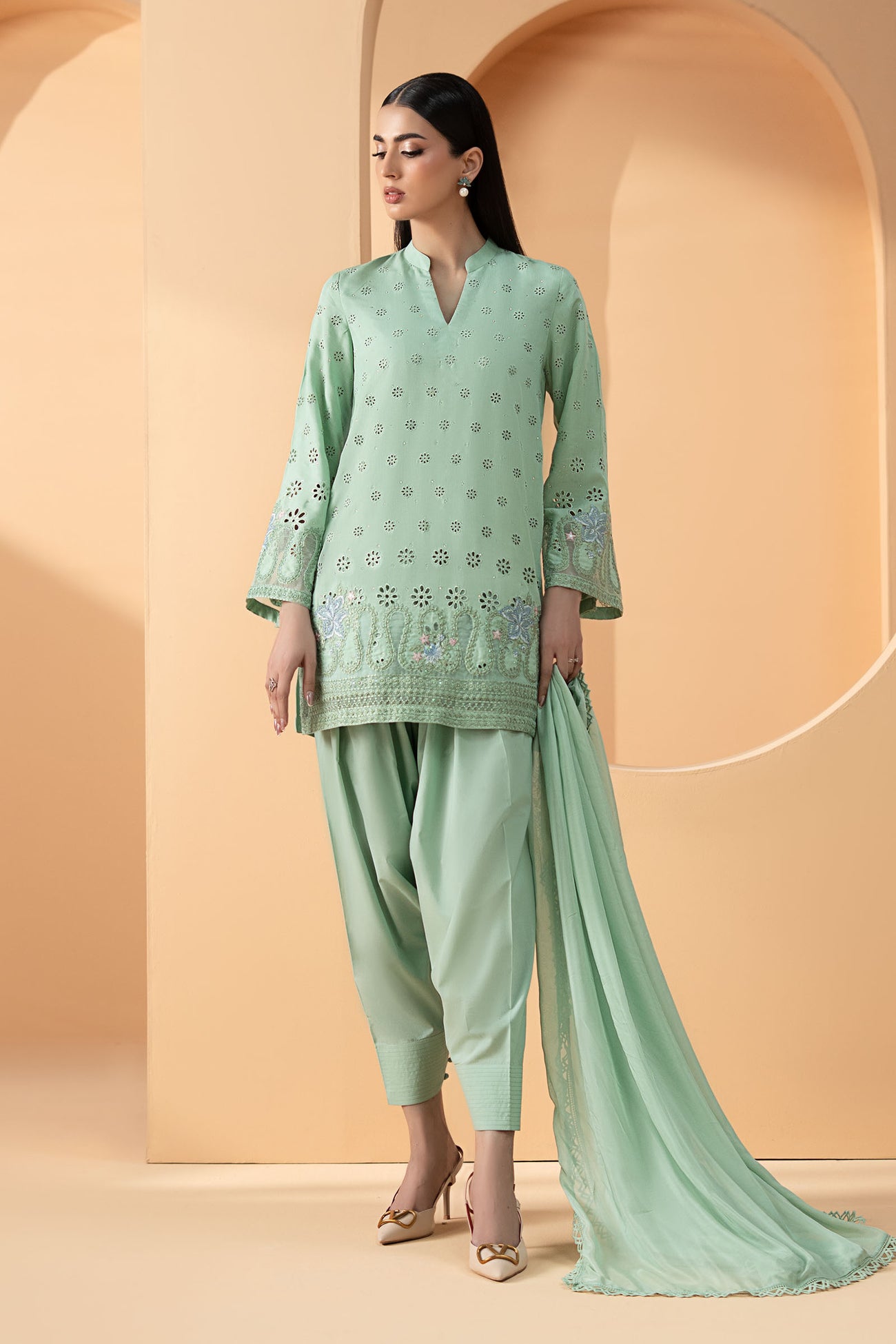 3 Piece Embroidered Pk Raw Silk Suit