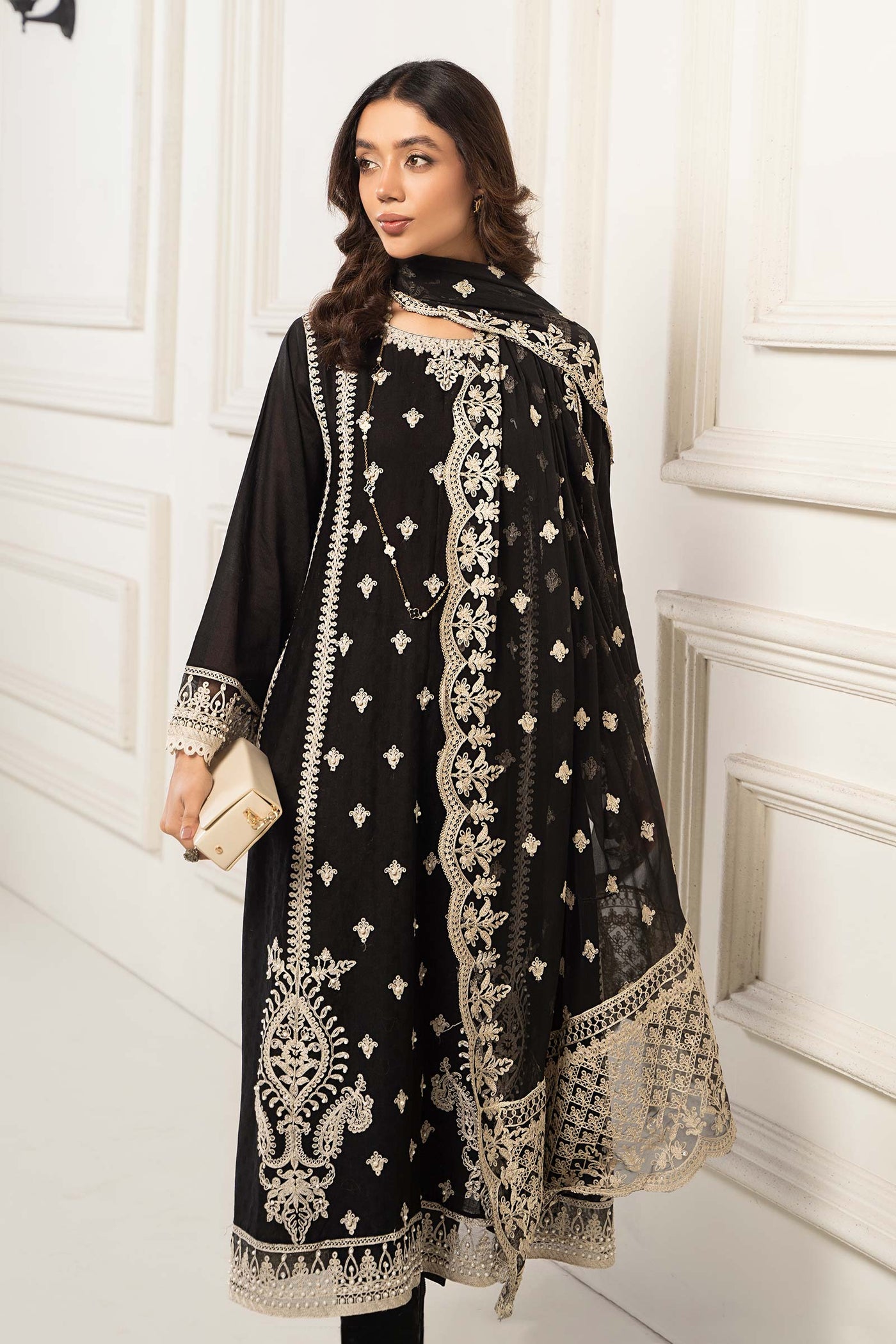 3 PIECE EMBROIDERED SELF JACQUARD SUIT | DW-EF24-117