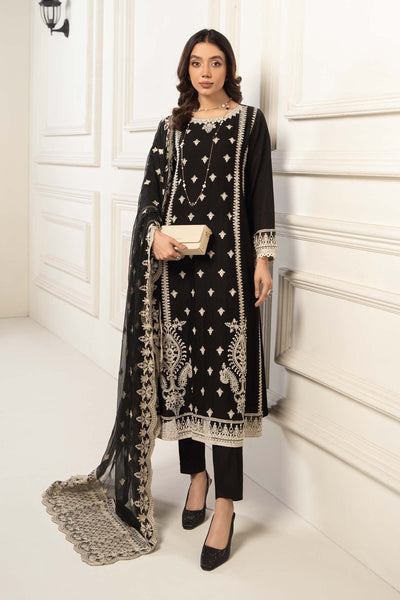 3 PIECE EMBROIDERED SELF JACQUARD SUIT | DW-EF24-117 Casuals DWEF117-ESM-BLK