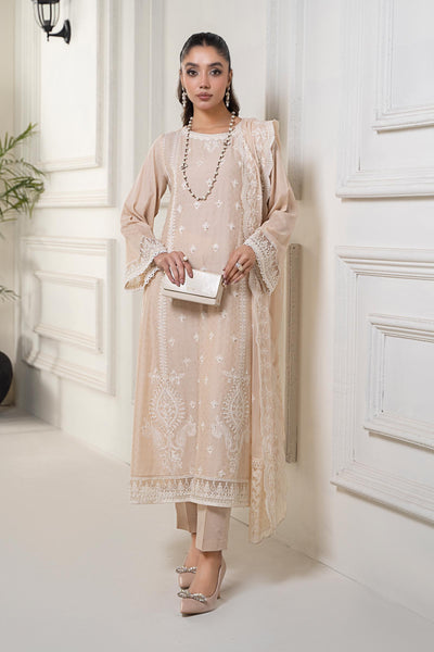 3 PIECE EMBROIDERED SELF JACQUARD SUIT | DW-EF24-117 Casuals DWEF117-ESM-COF