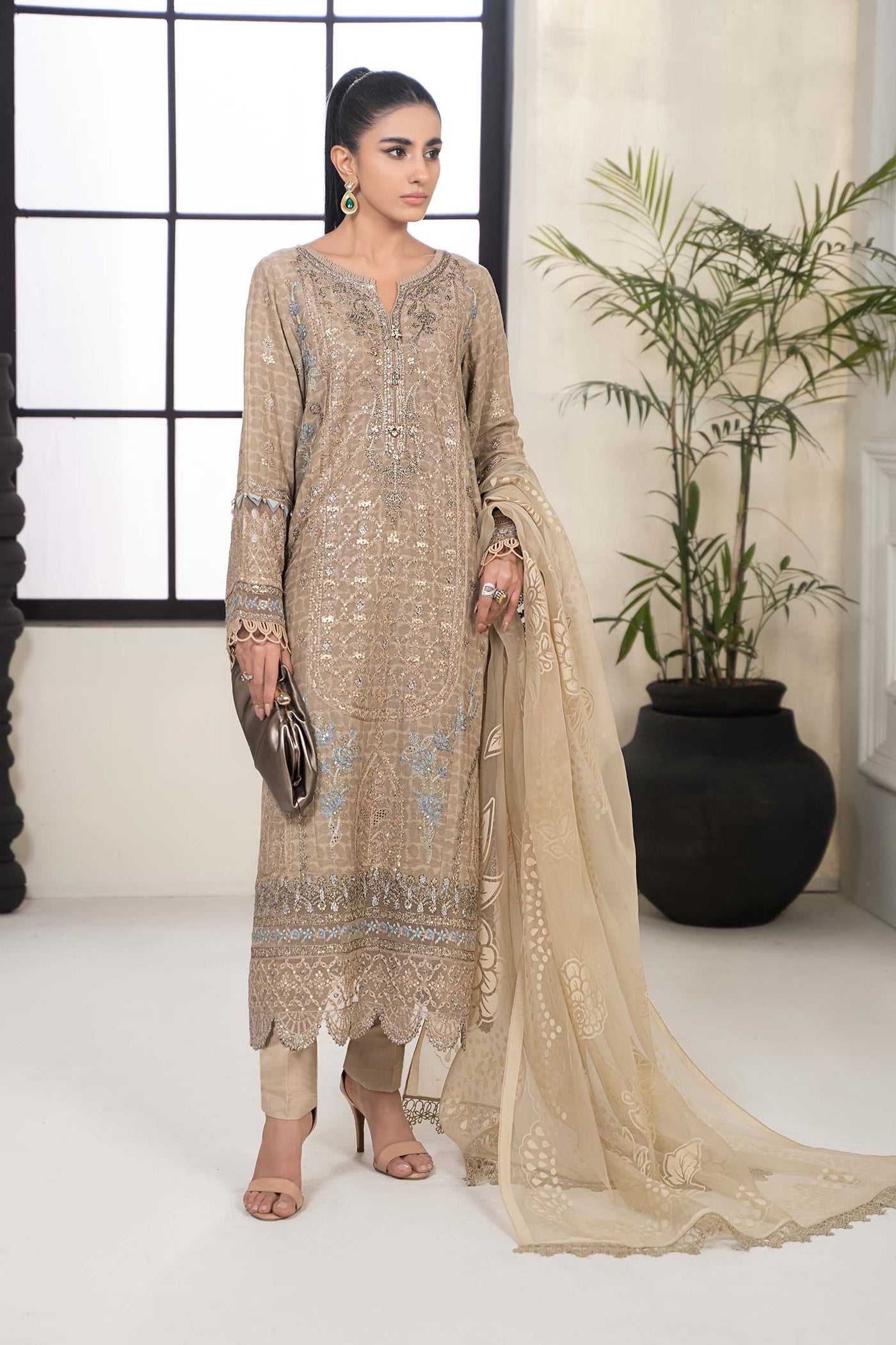 3 Piece Embroidered Self Jacquard Suit