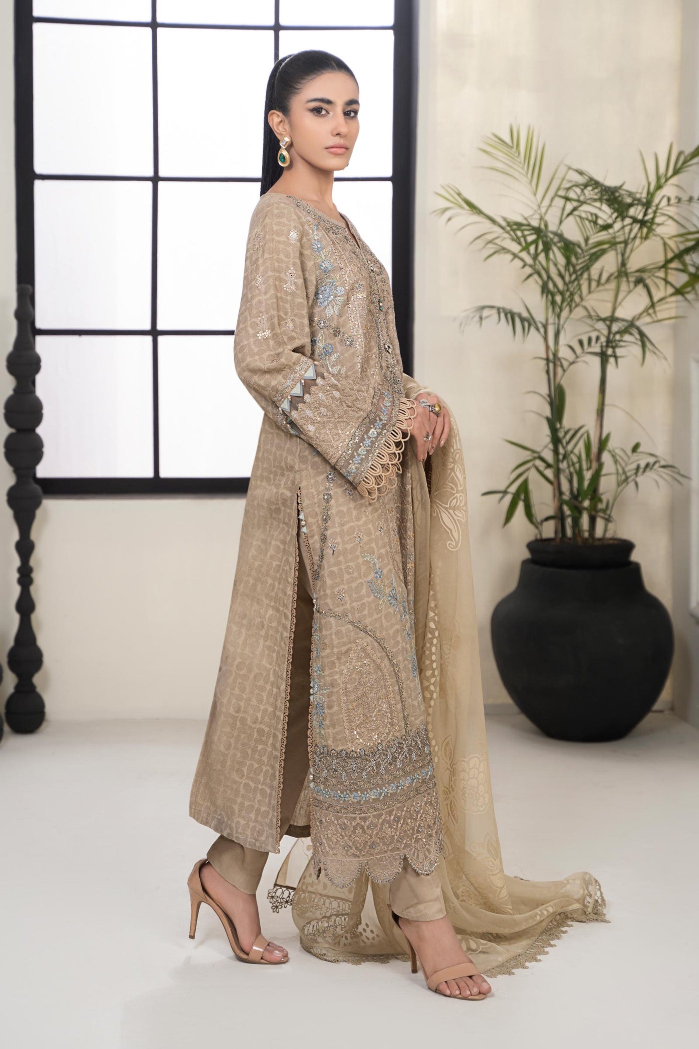 3 Piece Embroidered Self Jacquard Suit