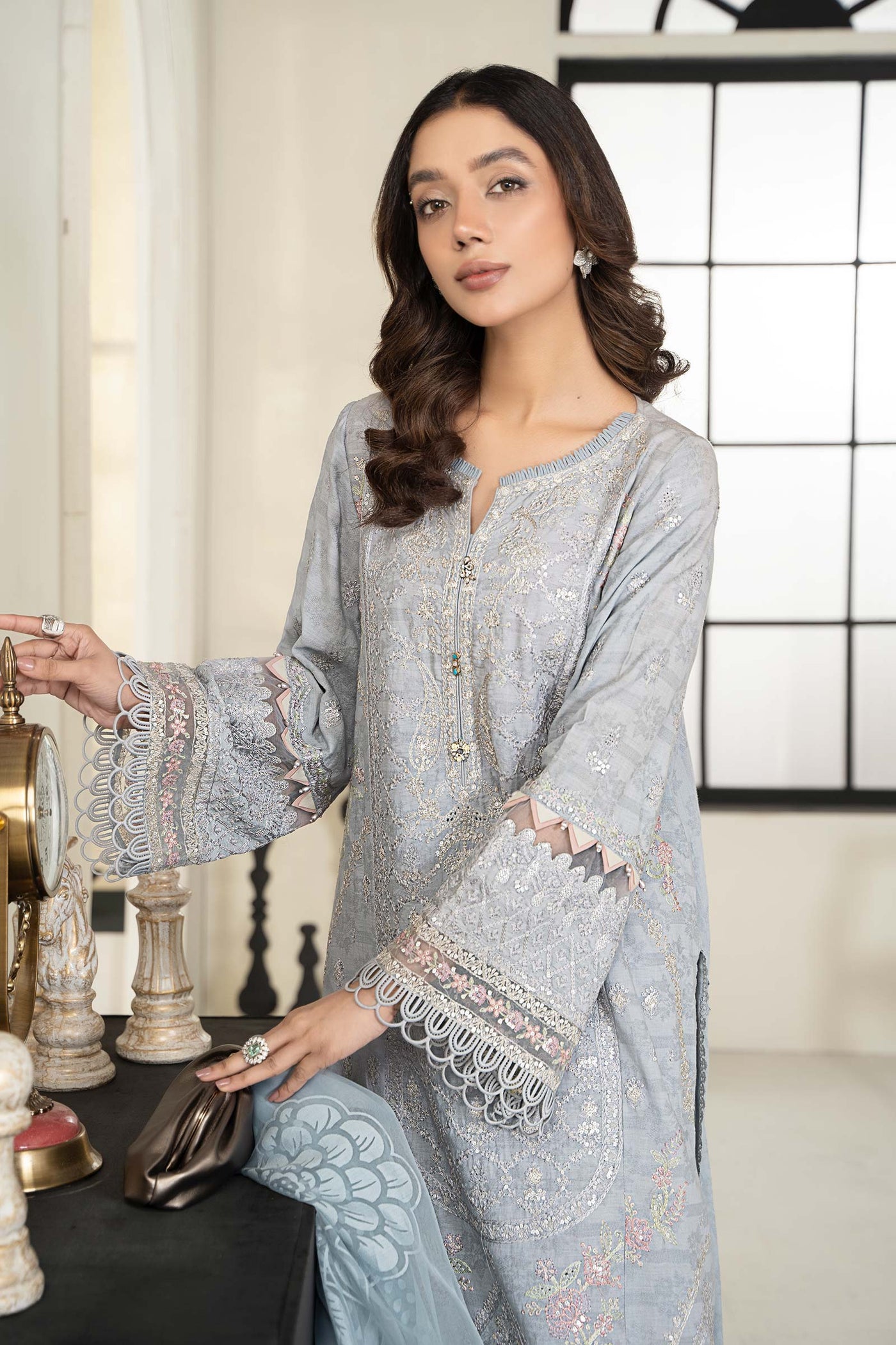 3 Piece Embroidered Self Jacquard Suit