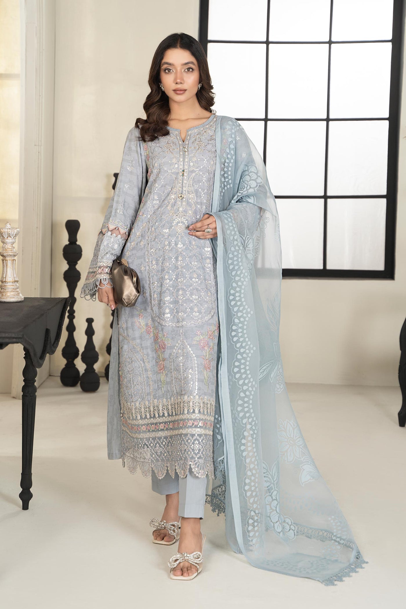 3 Piece Embroidered Self Jacquard Suit