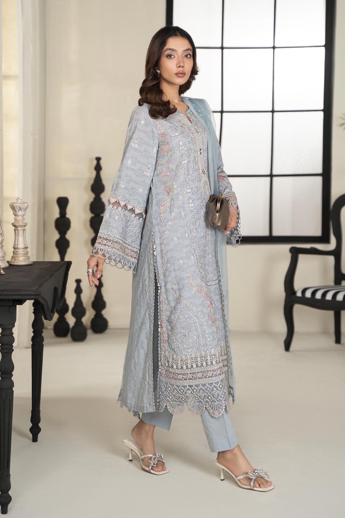 3 Piece Embroidered Self Jacquard Suit