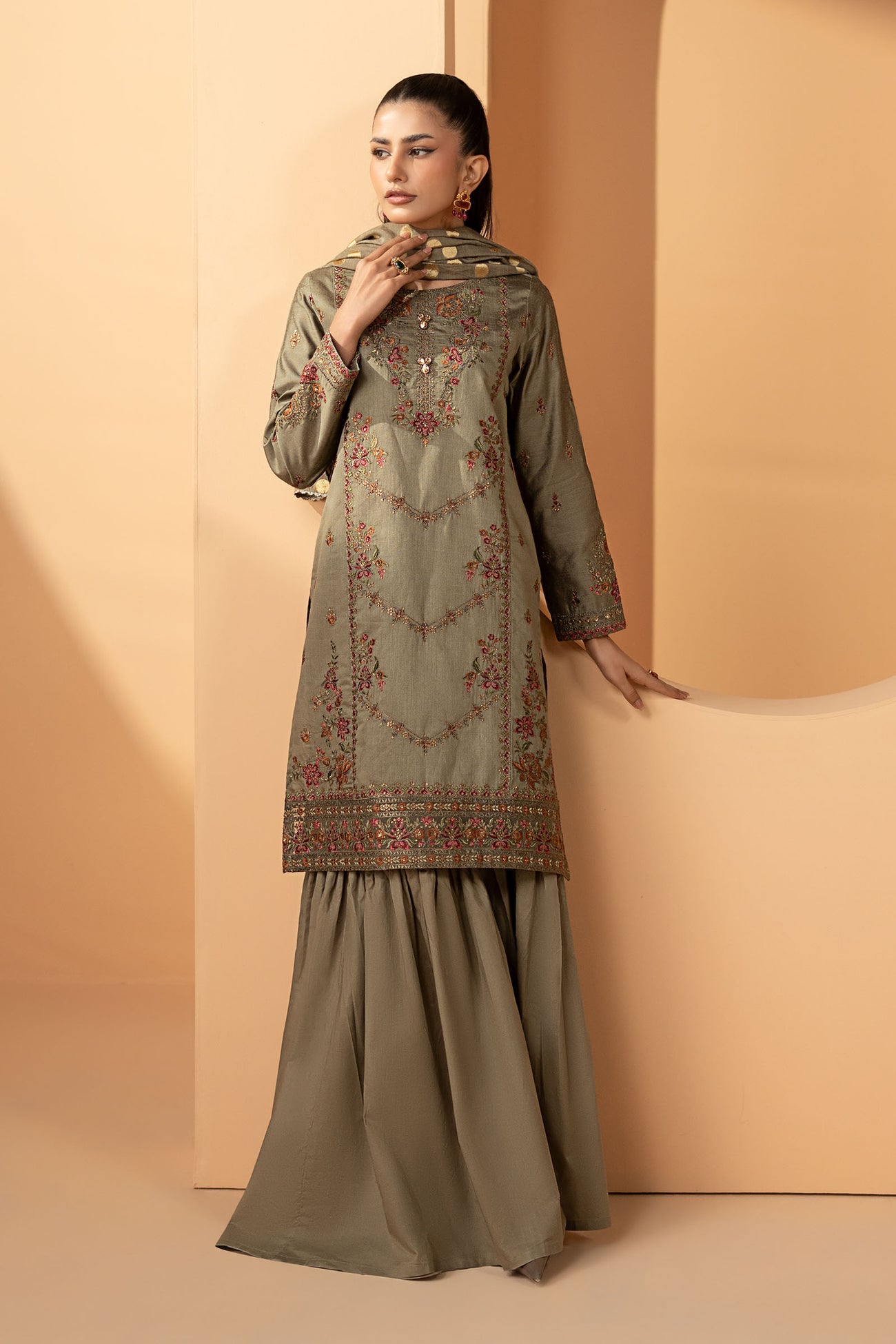3 Piece Embroidered Double Warp Silk Suit