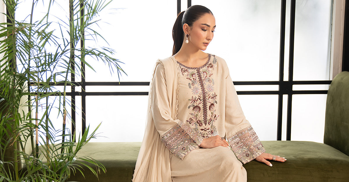 3 Piece Embroidered Raw Silk Suit