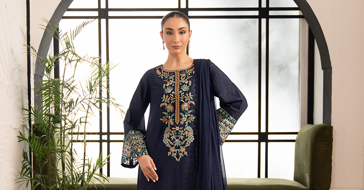 3 Piece Embroidered Raw Silk Suit