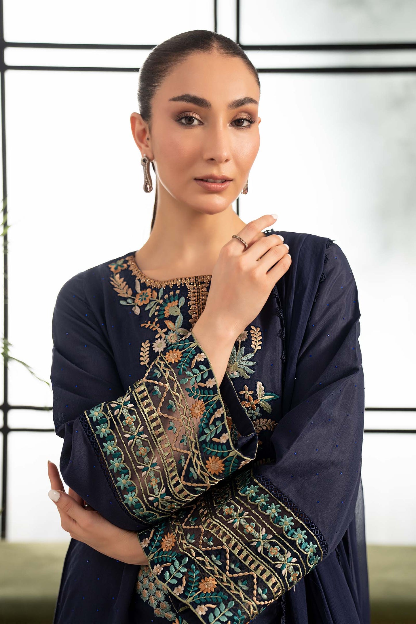 3 Piece Embroidered Raw Silk Suit