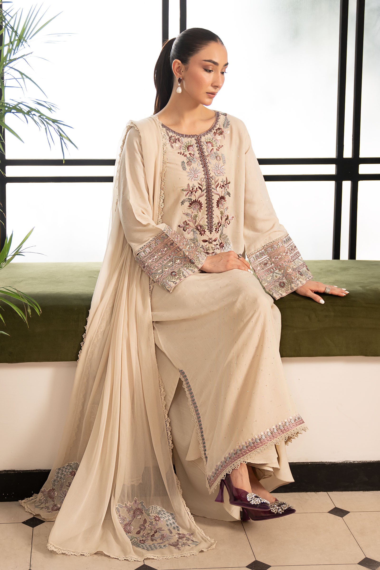 3 Piece Embroidered Raw Silk Suit