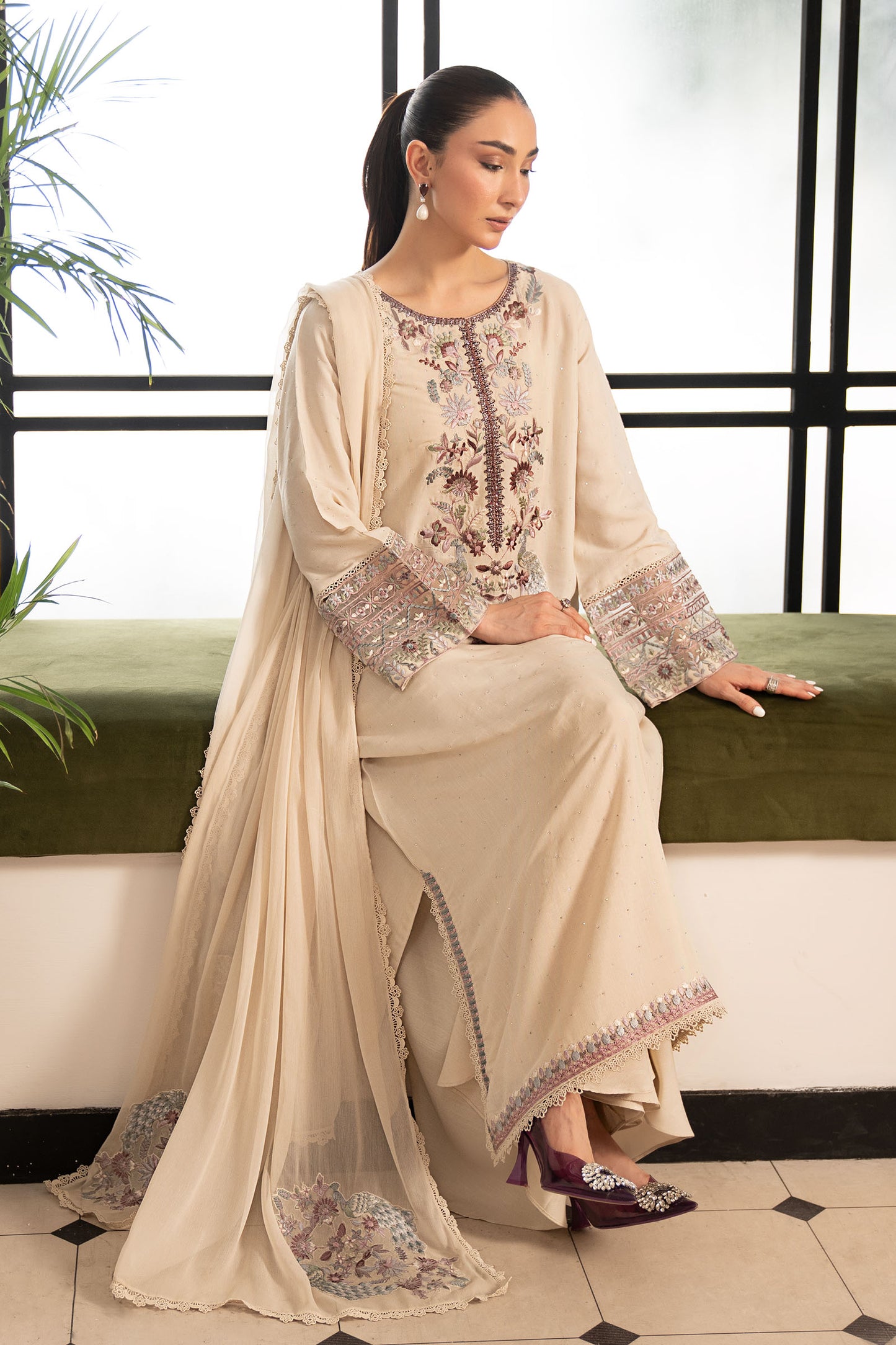 3 Piece Embroidered Raw Silk Suit