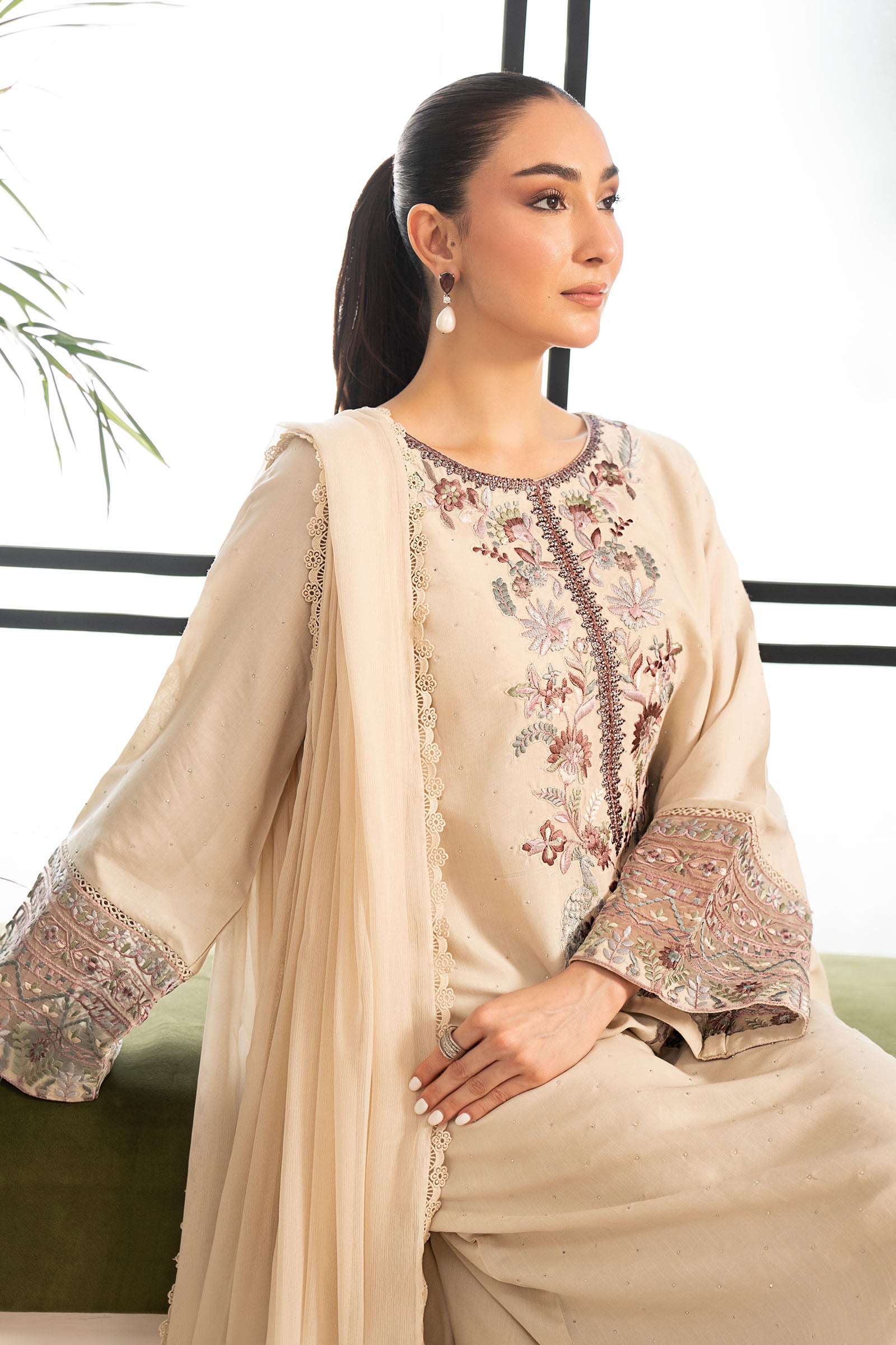 3 Piece Embroidered Raw Silk Suit